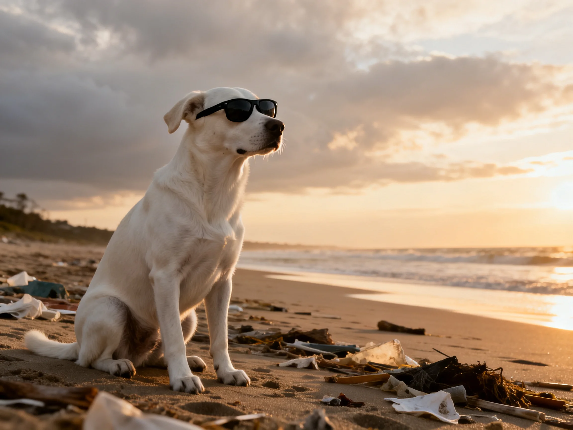 A white dog with sunglasses sits on a littered beach at sunset