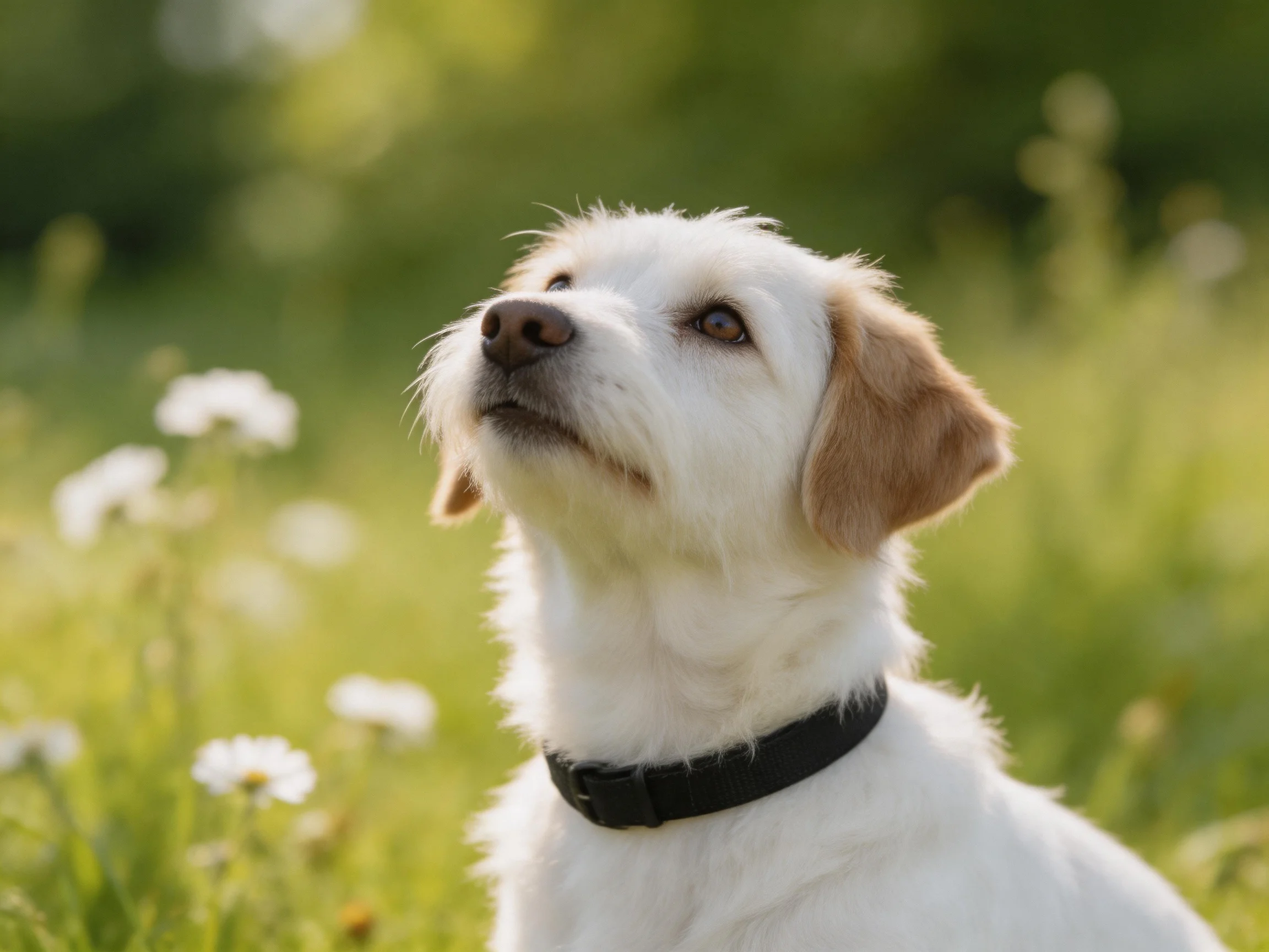 A white dog with tan ears in a sunlit meadow of green grass and flowers