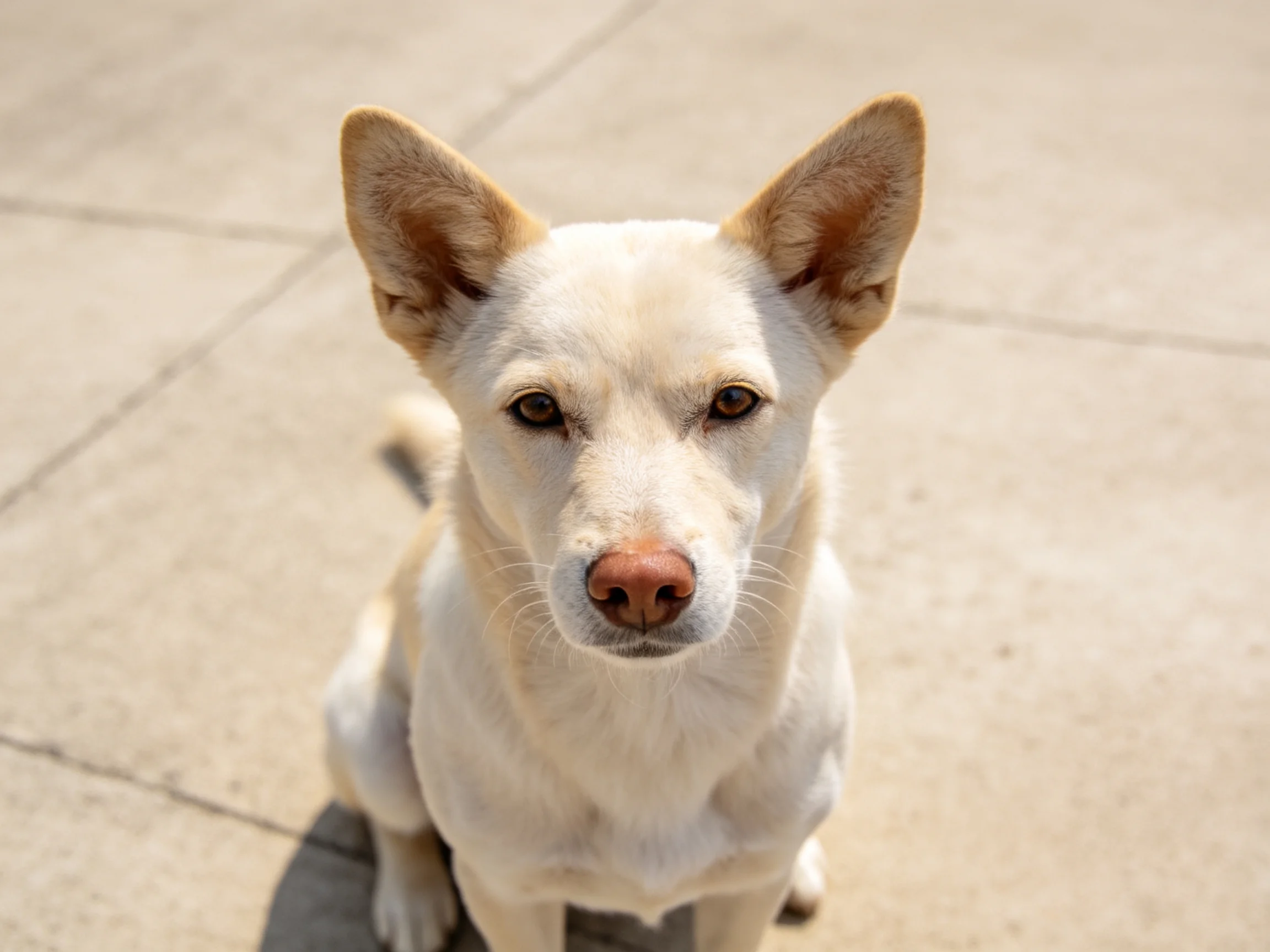 A white dog with tan ears sits on a concrete pavement
