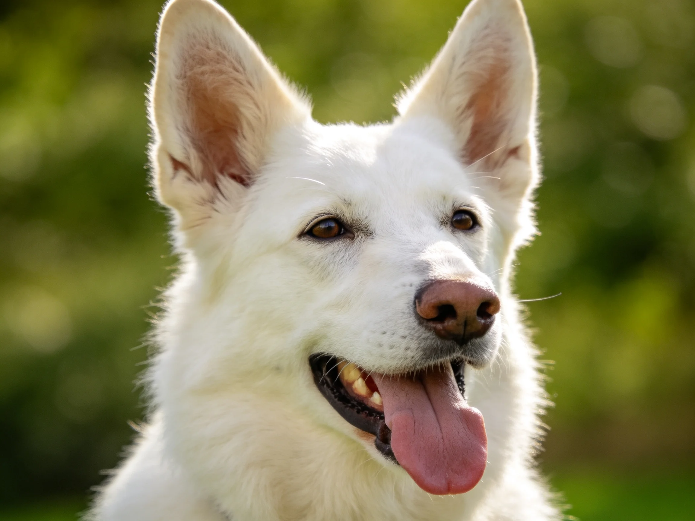 A white dog with upright ears in a green, sunlit outdoor setting