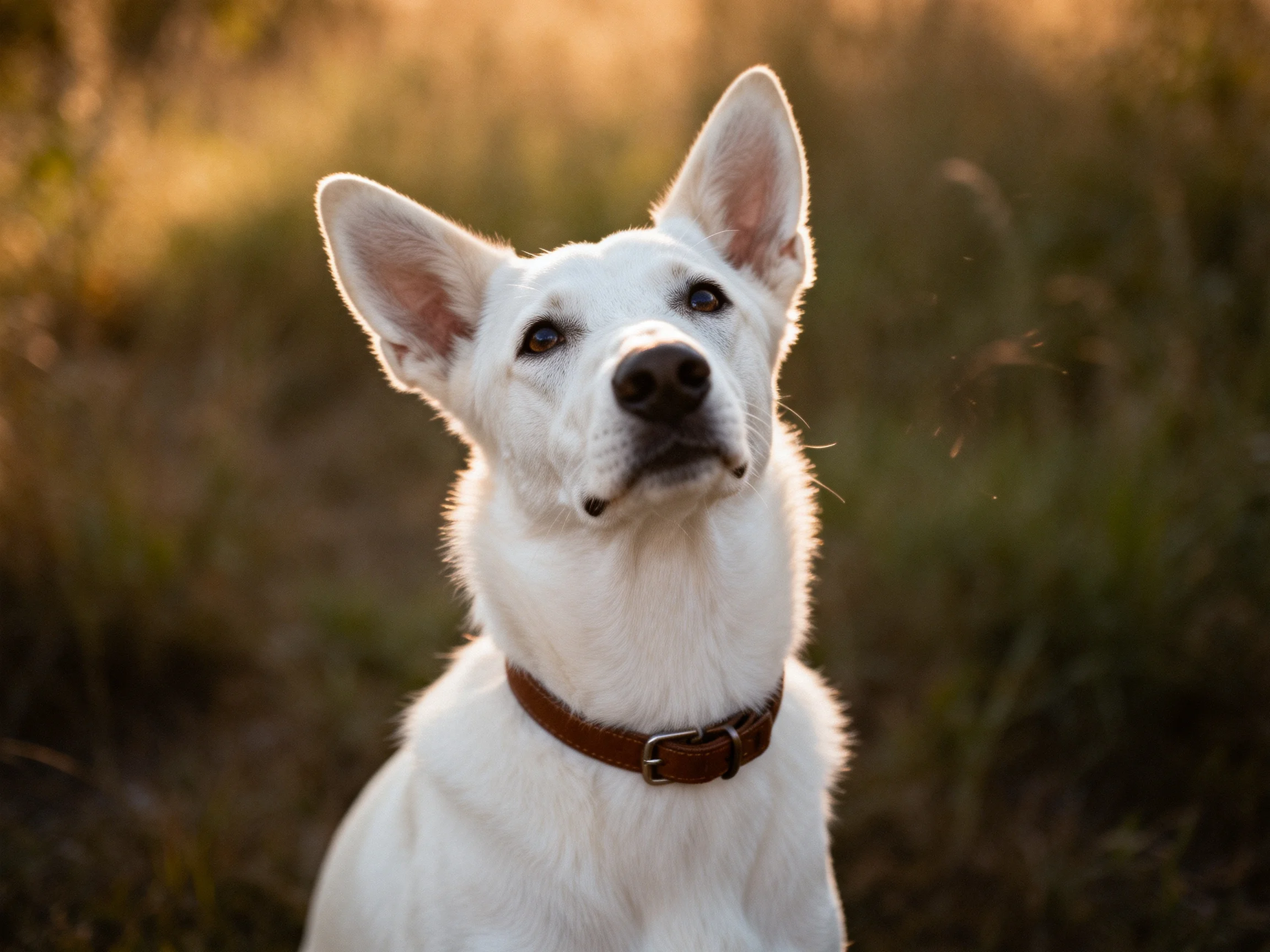 A white dog with upright ears in a sunlit natural environment