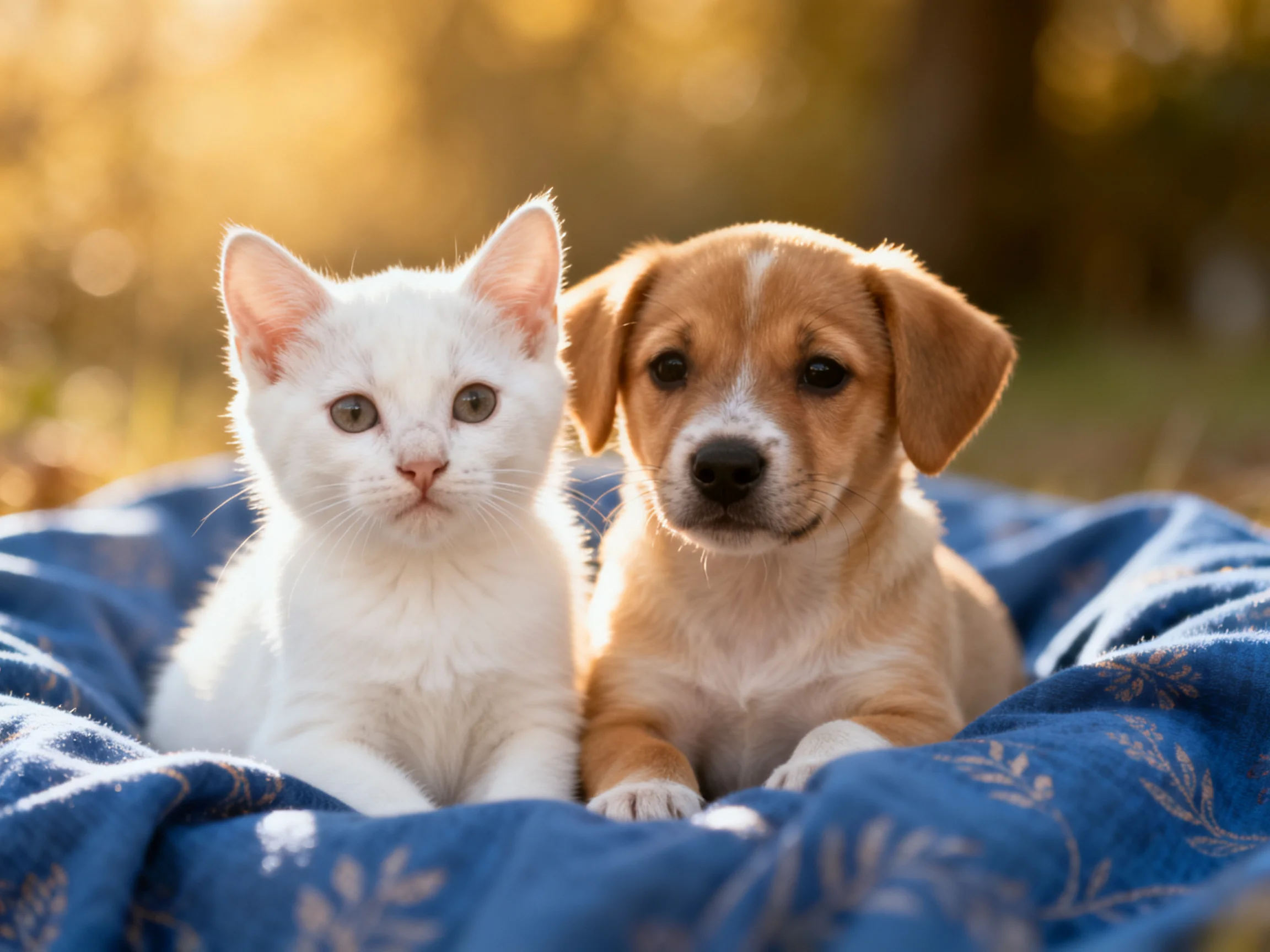 Two young pets sit together on a blue blanket in an outdoor setting