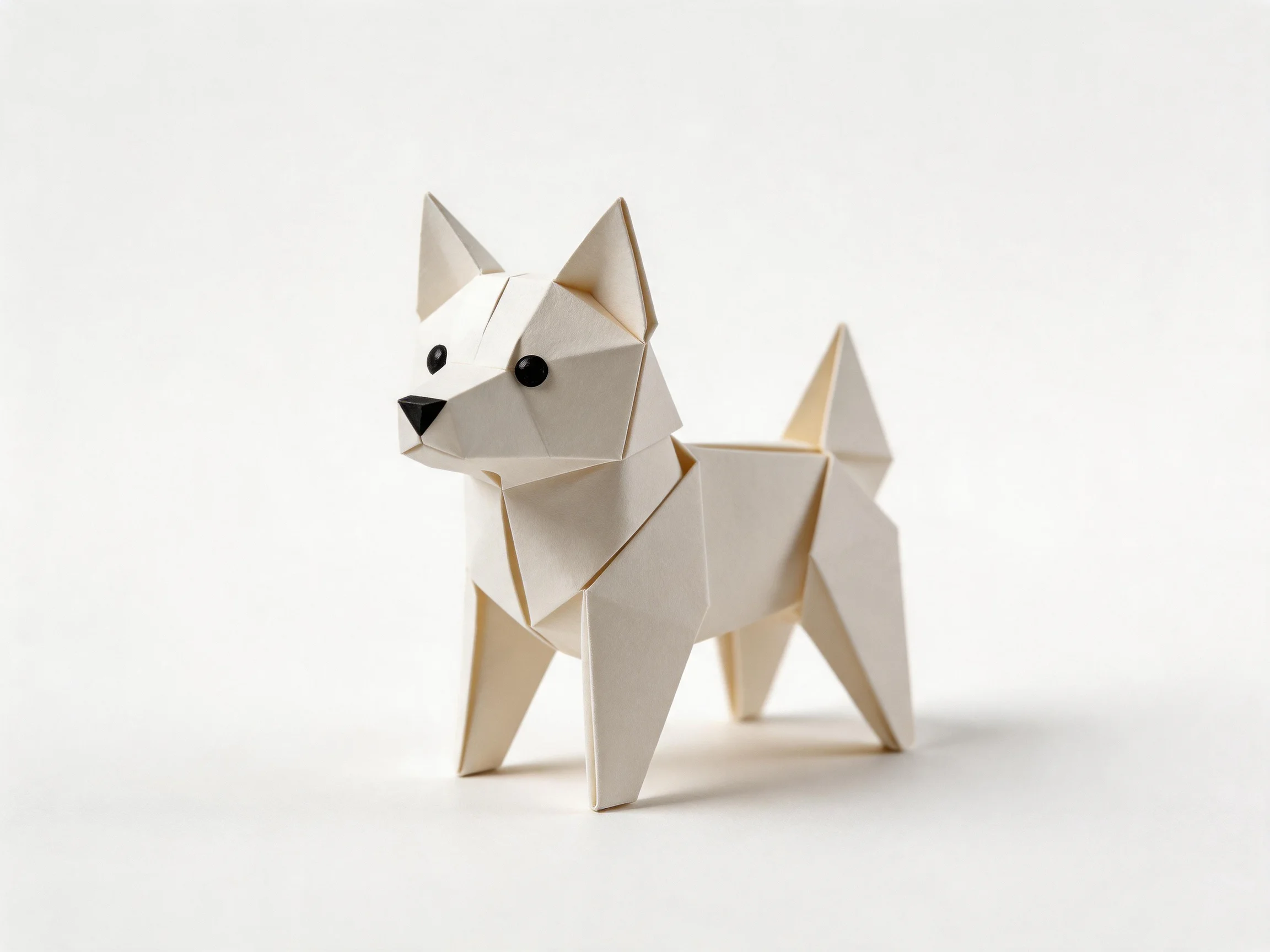 A white origami dog sculpture showcasing geometric folds