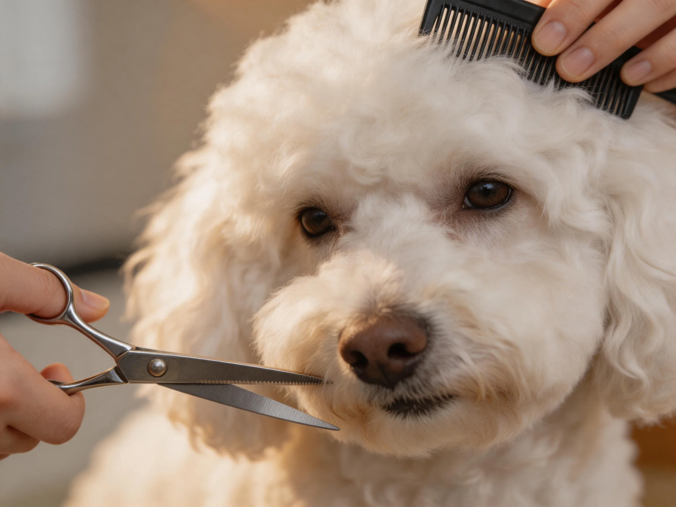 A white poodle being groomed with silver scissors and black comb