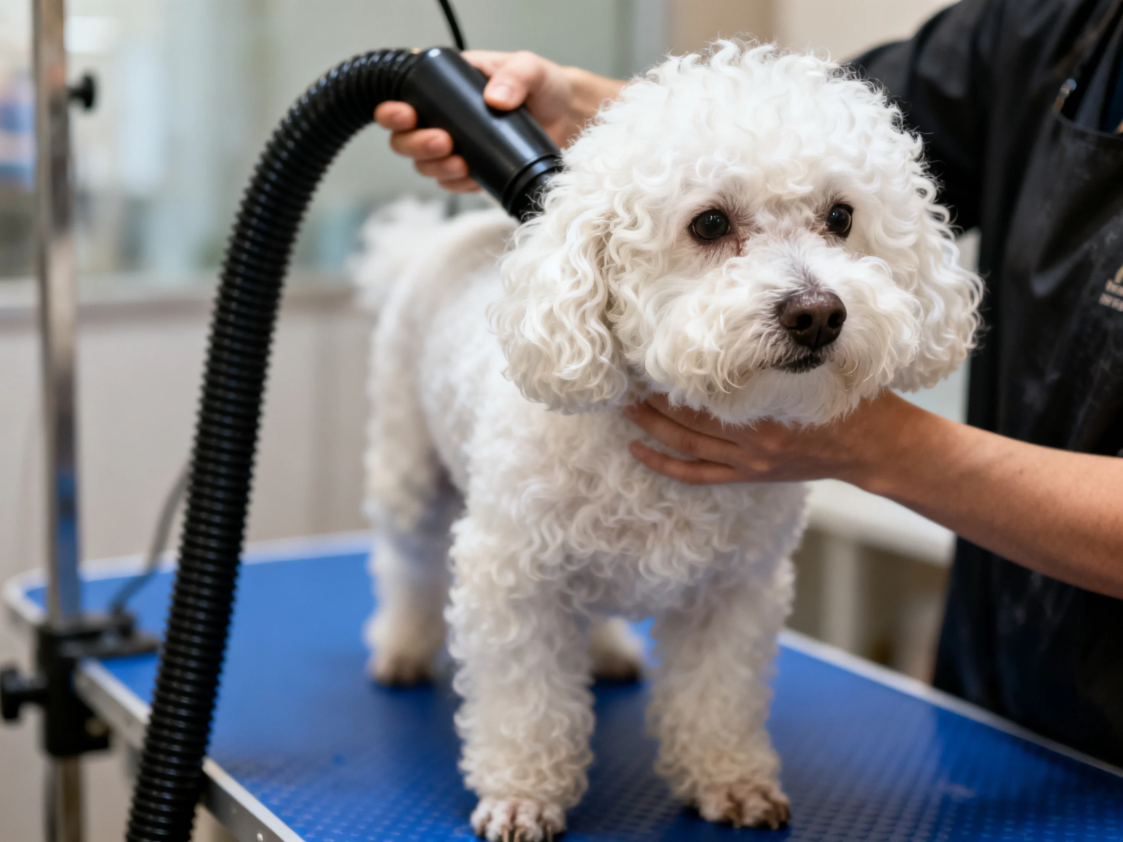 A white poodle groomed with a black dryer on a blue table
