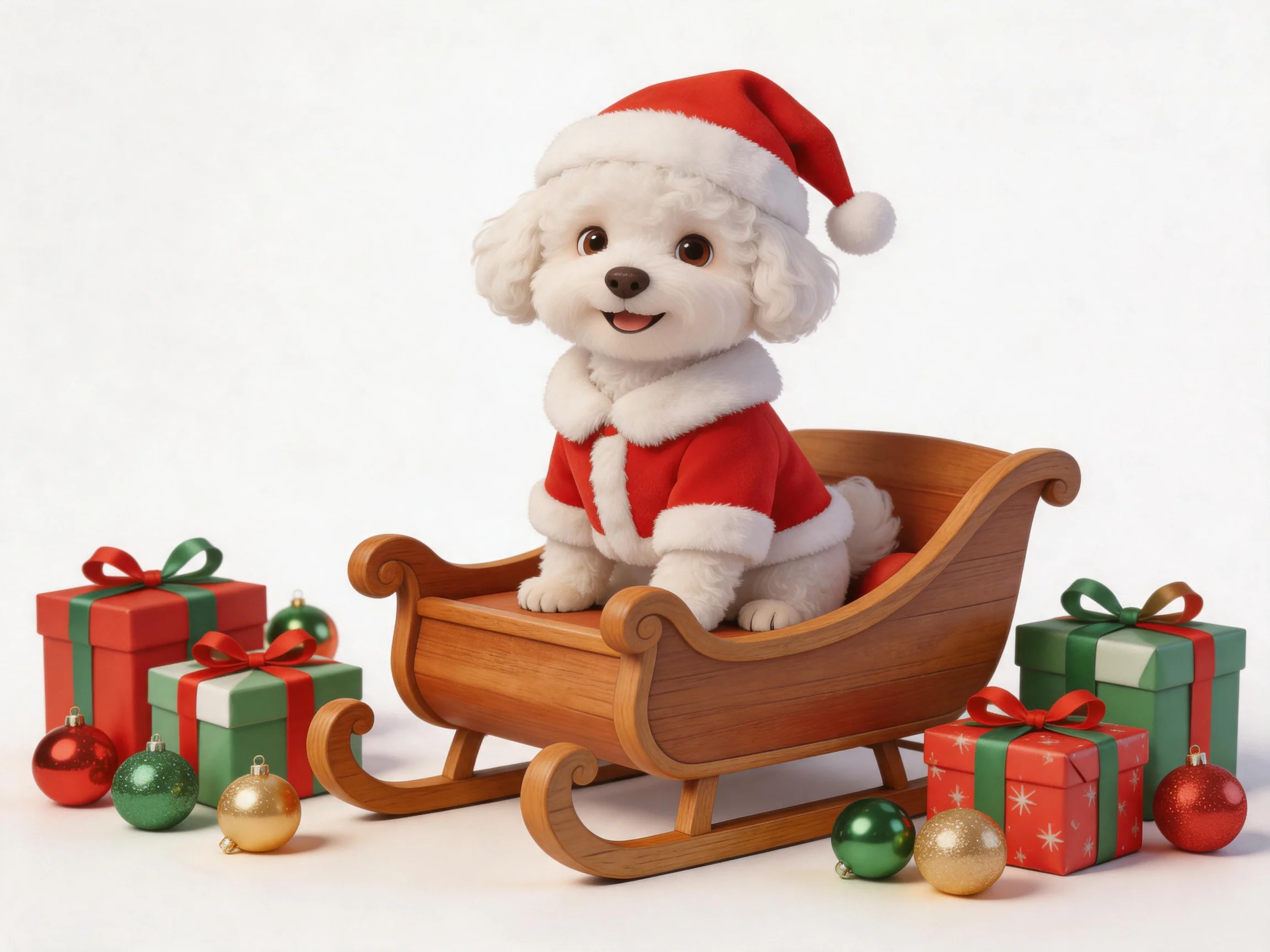 A white poodle in Santa attire rides a wooden sled among festive gifts