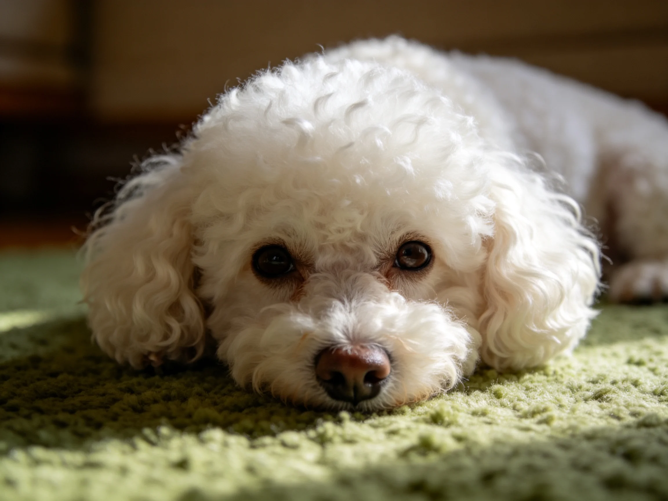 A white poodle rests on a soft green carpet indoors