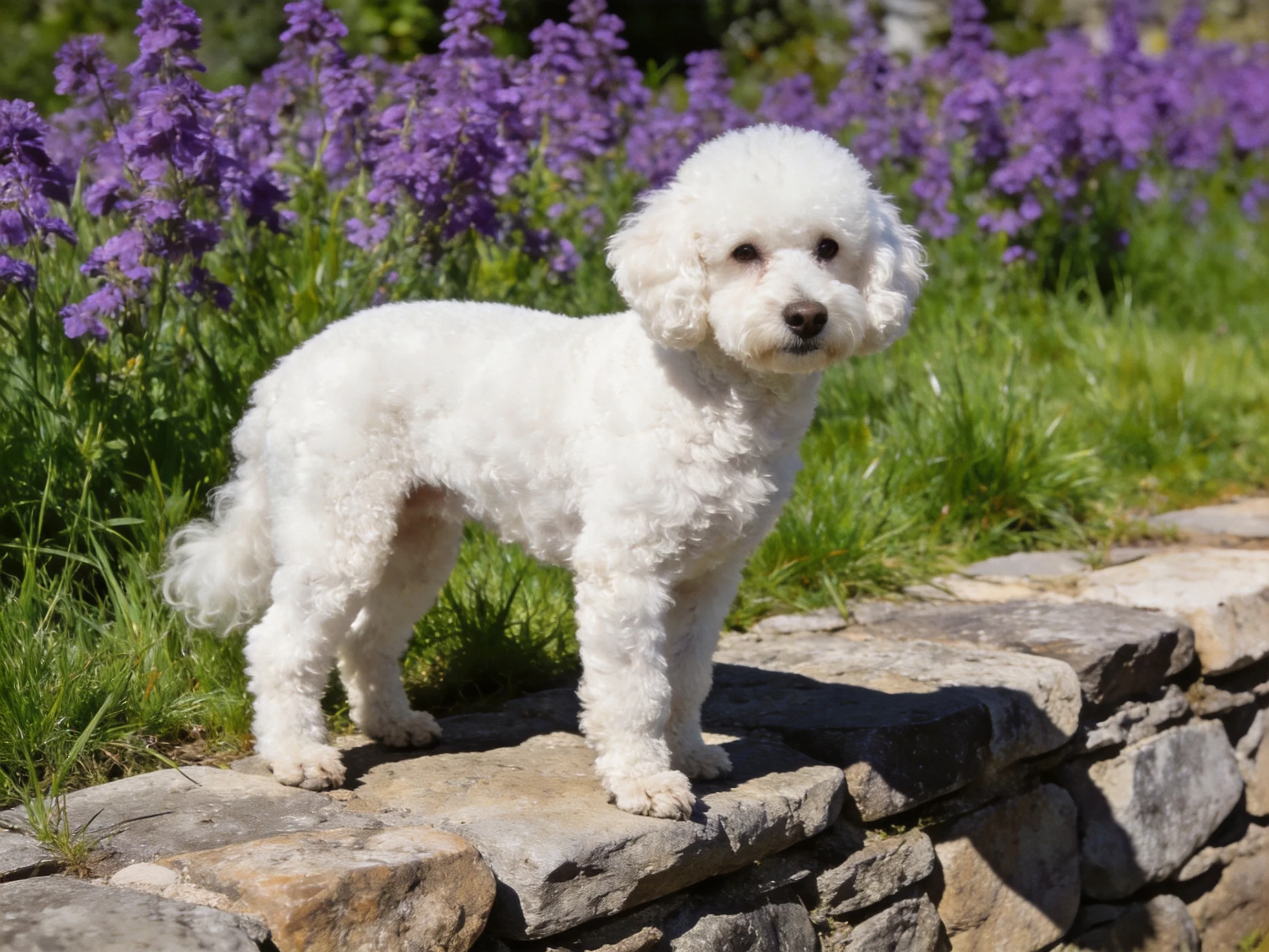 A white poodle stands by a stone wall amid vibrant purple flowers