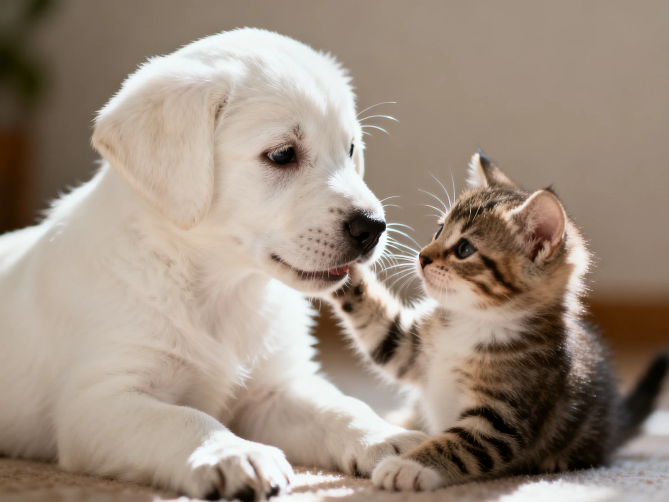 A white puppy and tabby kitten interact warmly indoors.