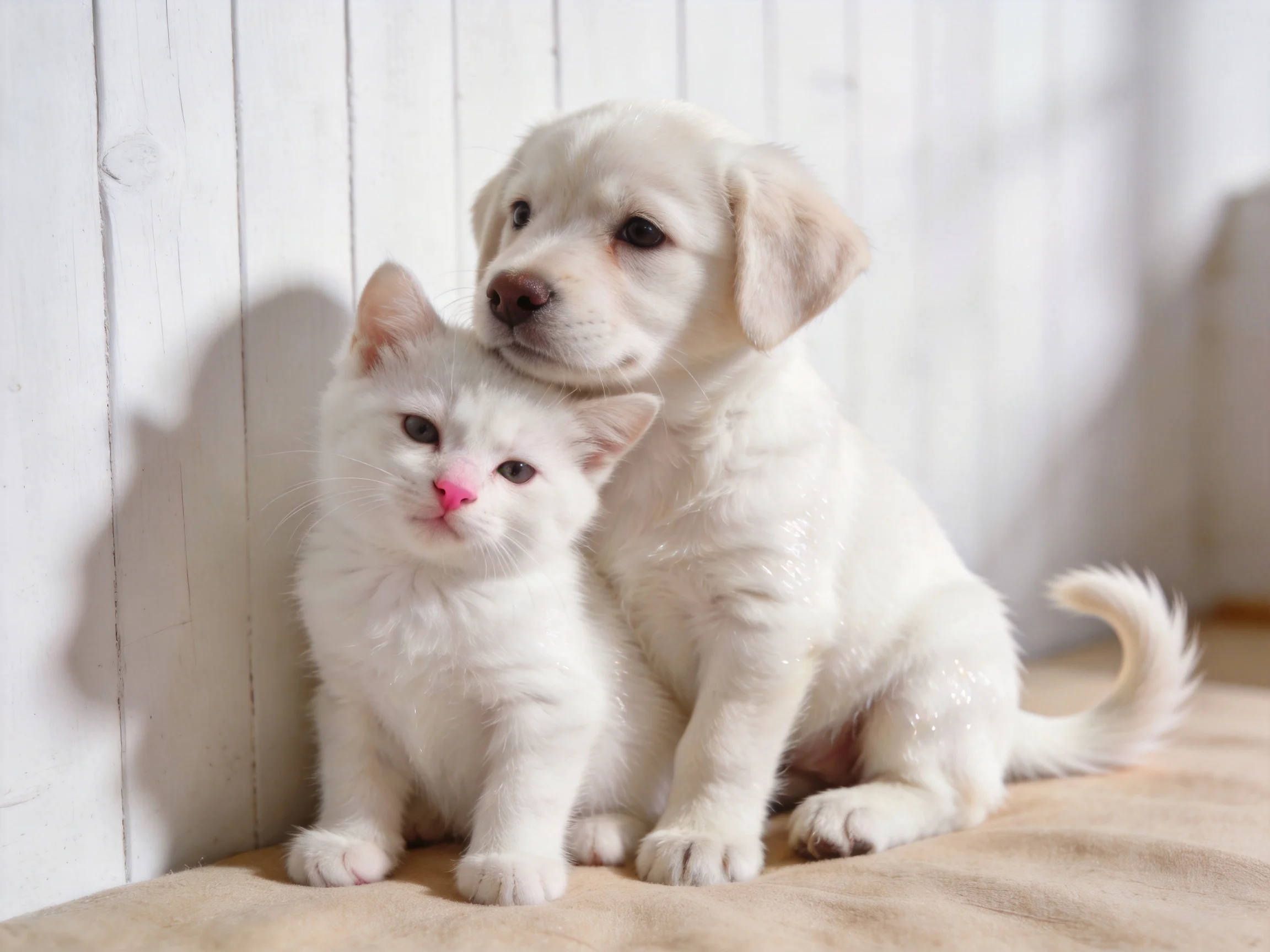 White puppy and kitten sit together near a white wooden wall.