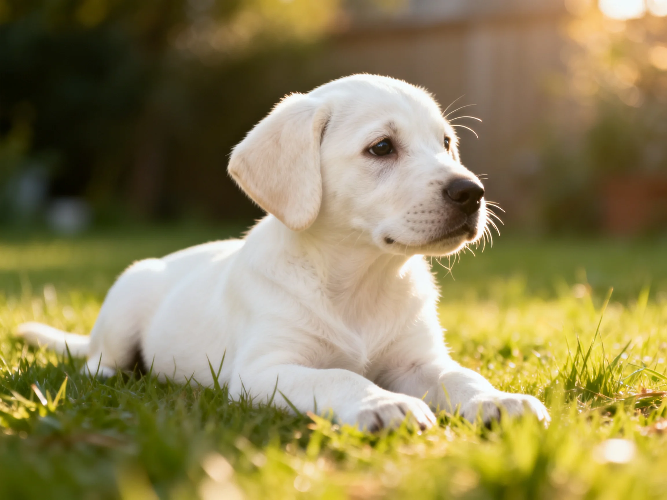 A white puppy lies on sun-drenched green grass outdoors.
