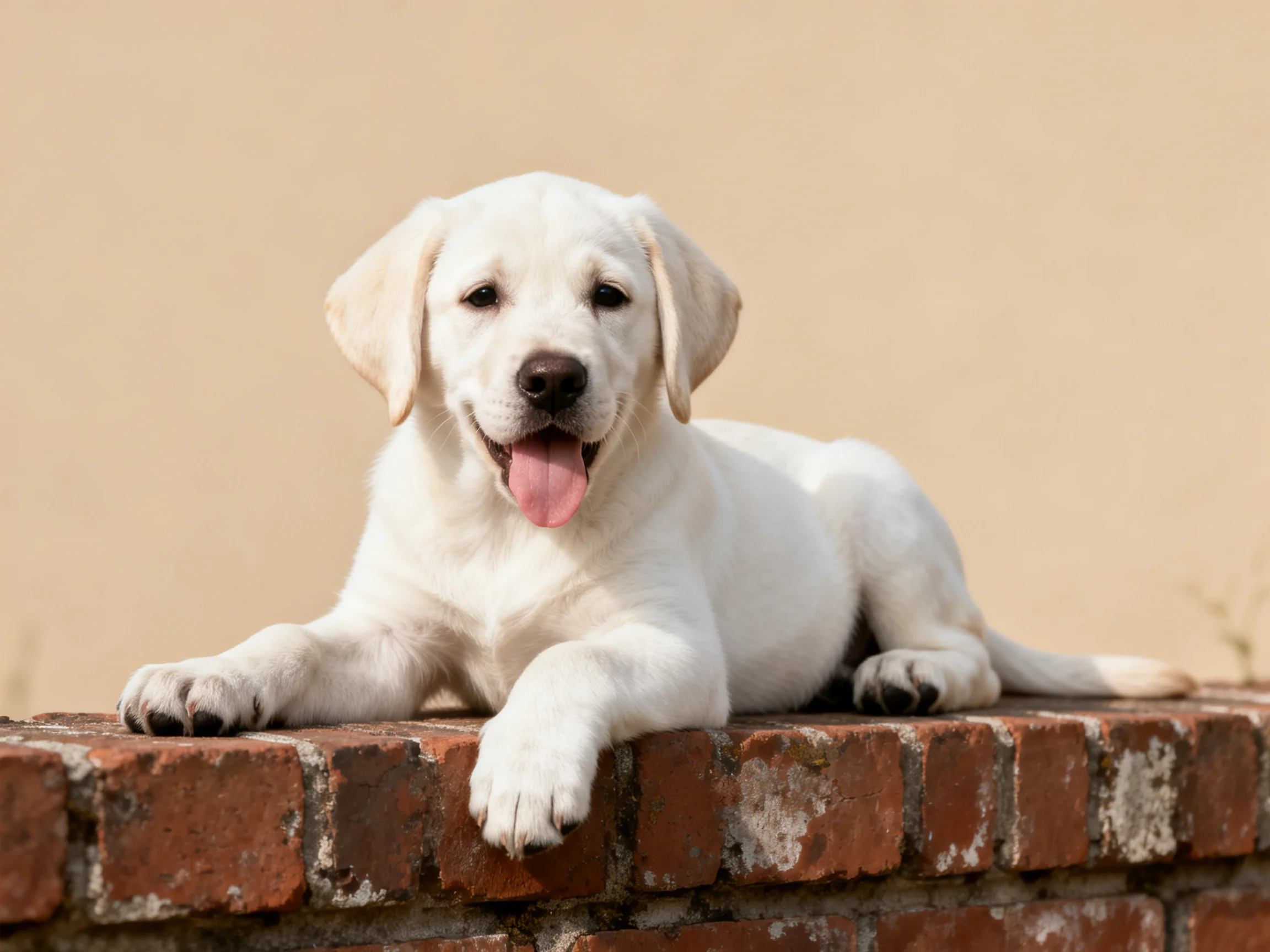 A white puppy relaxes on a weathered red-brick wall.