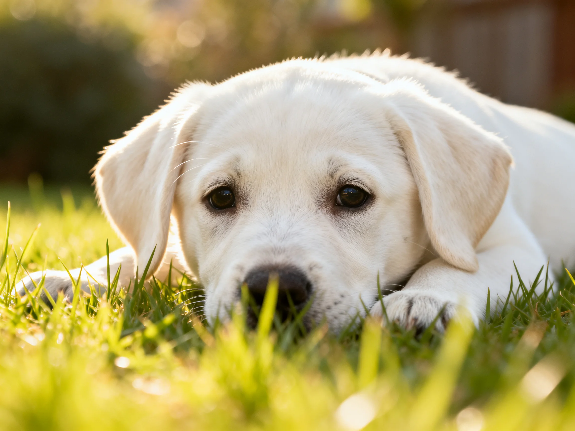 A white puppylies calmly on lush green grass in a sunlit environment.