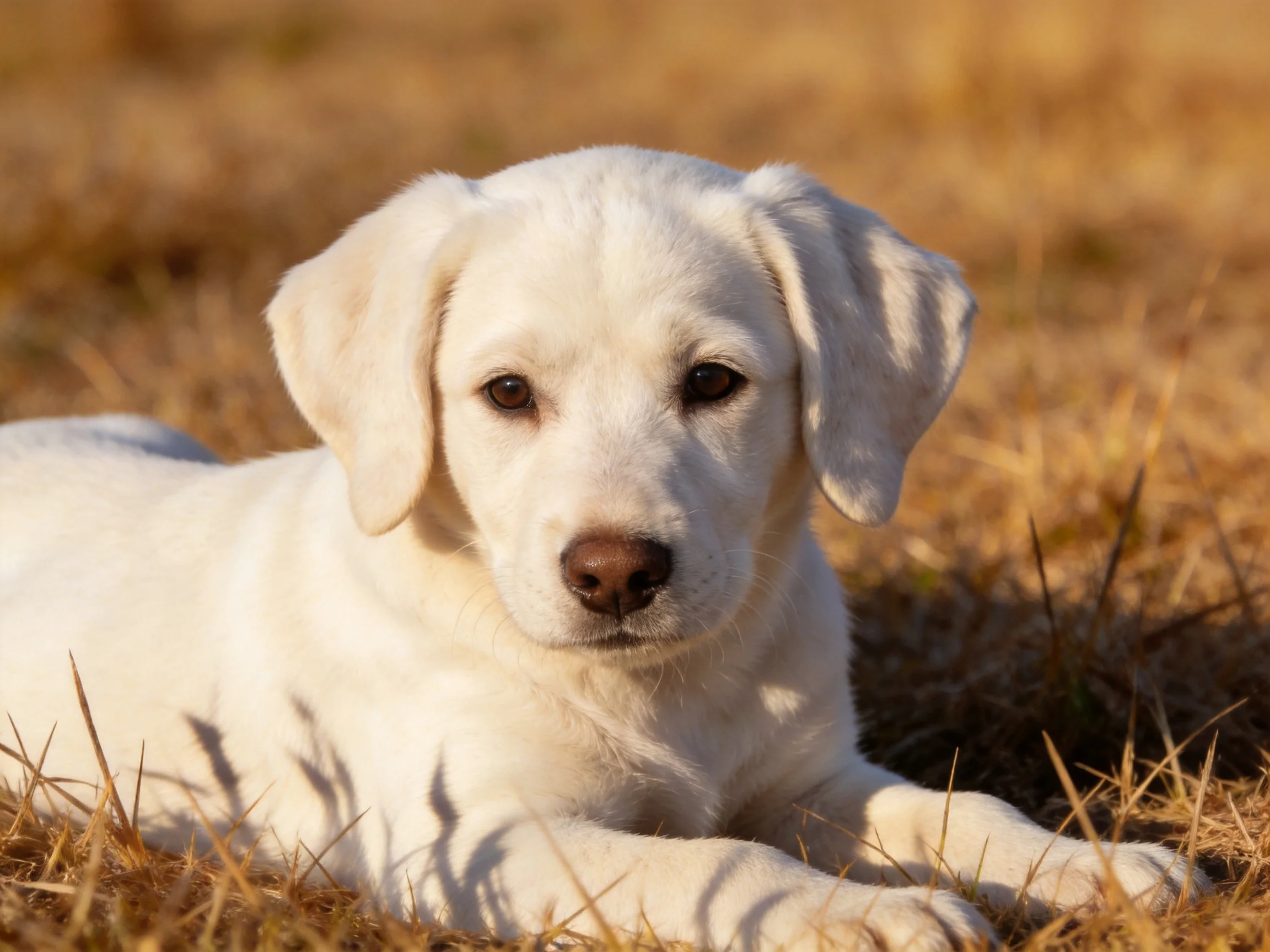 A white puppy resting on golden-brown dry grass in natural sunlight