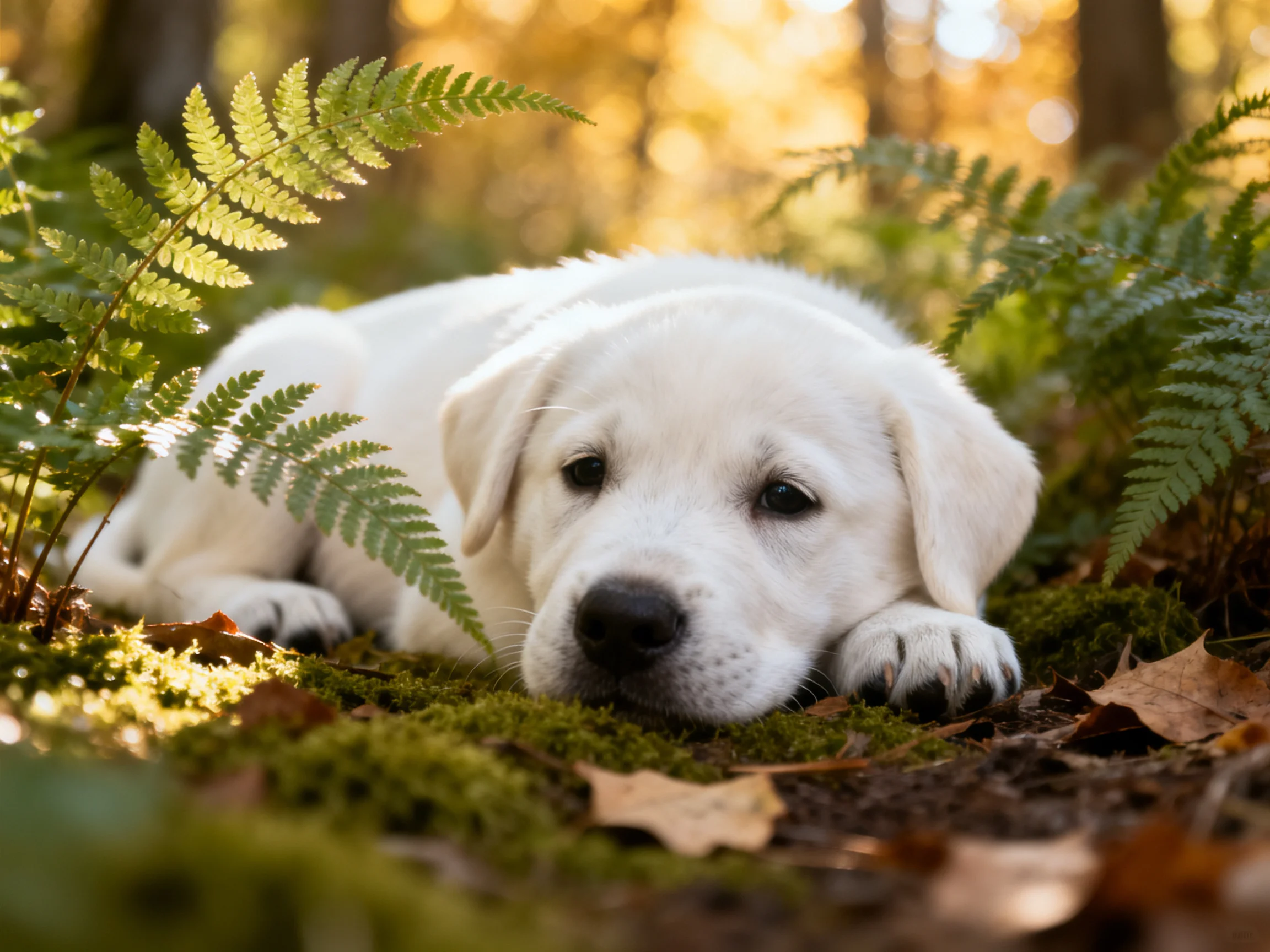 A white puppy relaxes among ferns and moss in a sunlit forest.