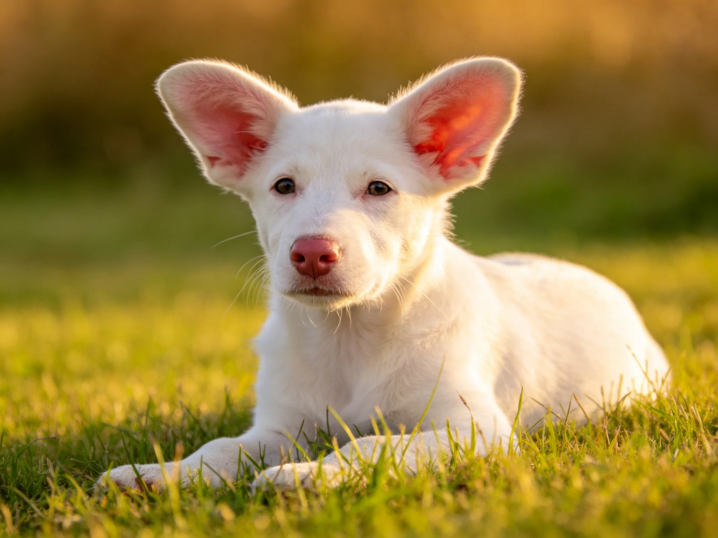 A white puppy relaxes on green grass under bright sunlight.