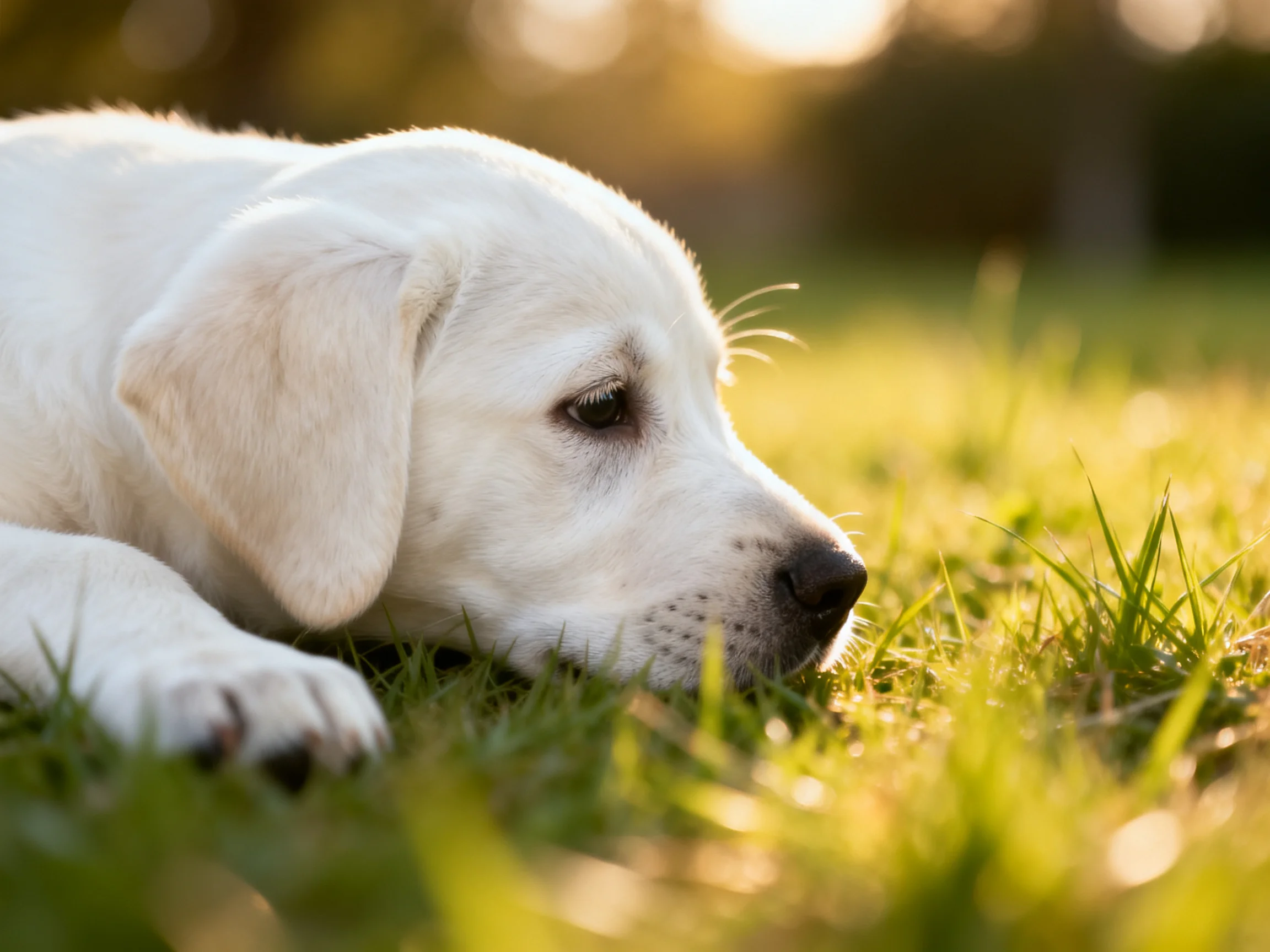A white puppy relaxes on sunlit grass in a peaceful outdoor setting.