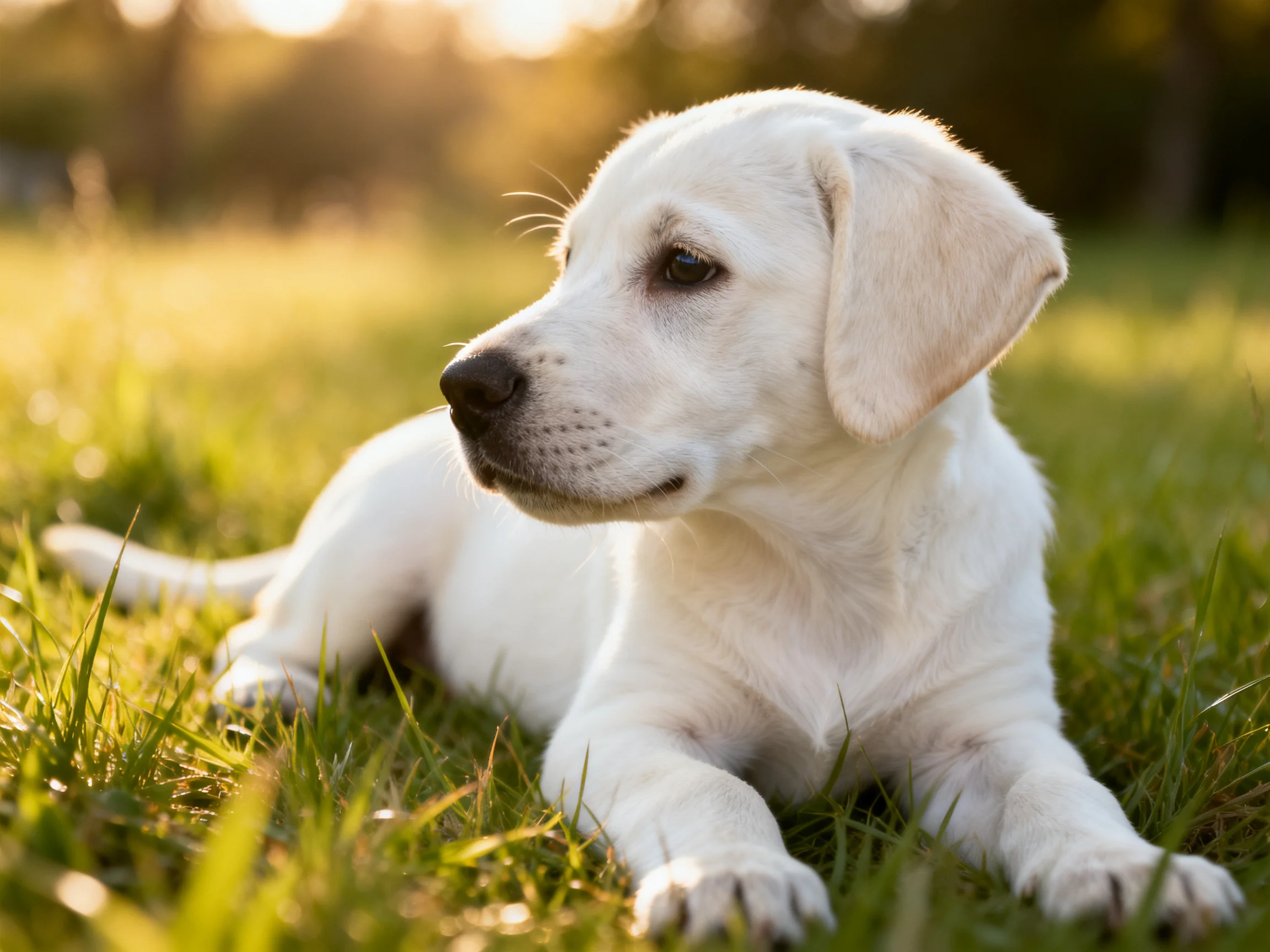 A white puppy lies calmly on green grass in a sunlit outdoor area.