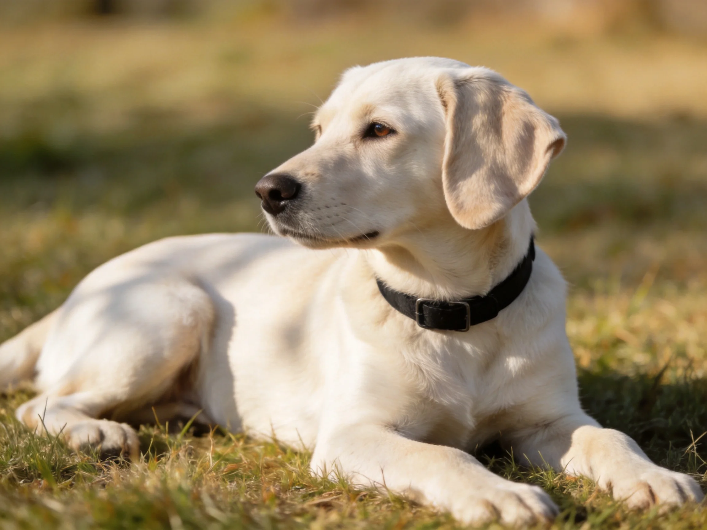 A white puppy relaxes on grass in a sunlit outdoor area.