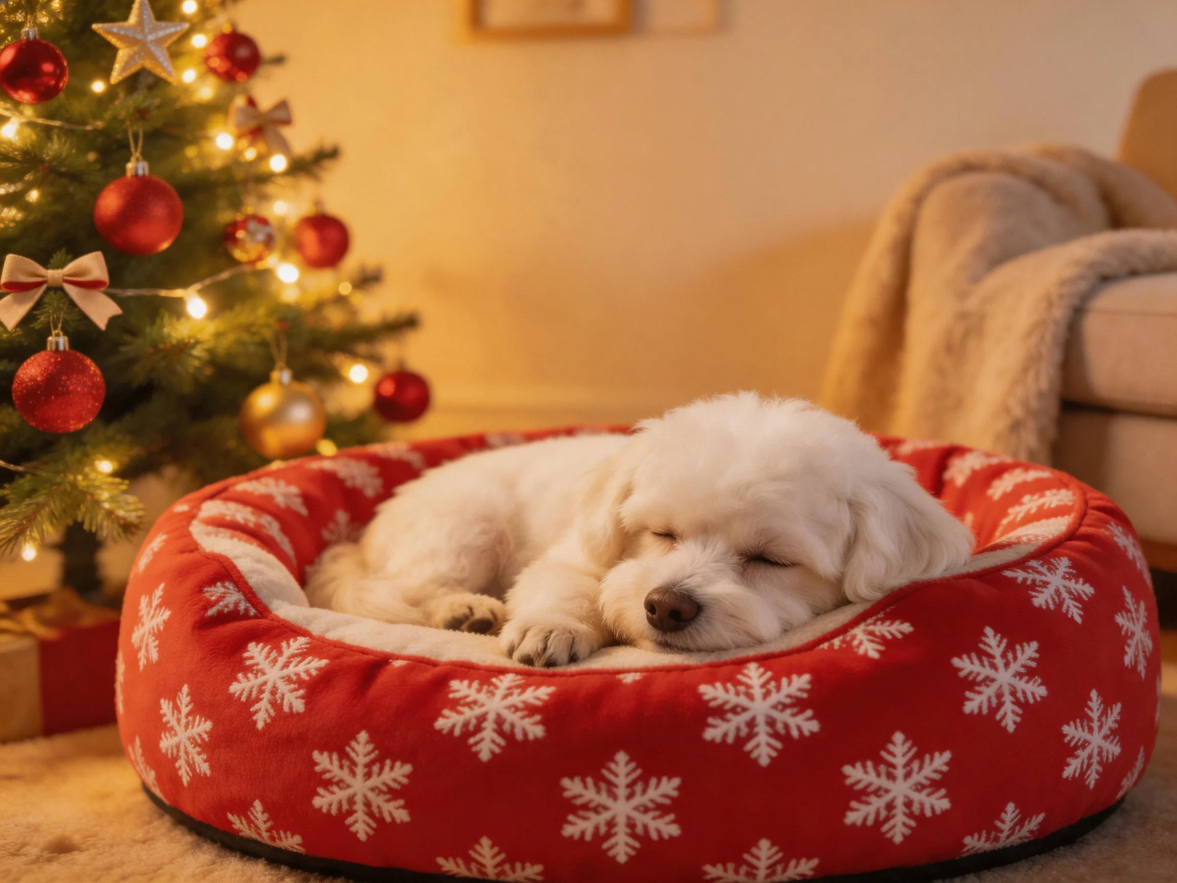 A white puppy sleeps in a red snowflake pet bed by a decorated Christmas tree