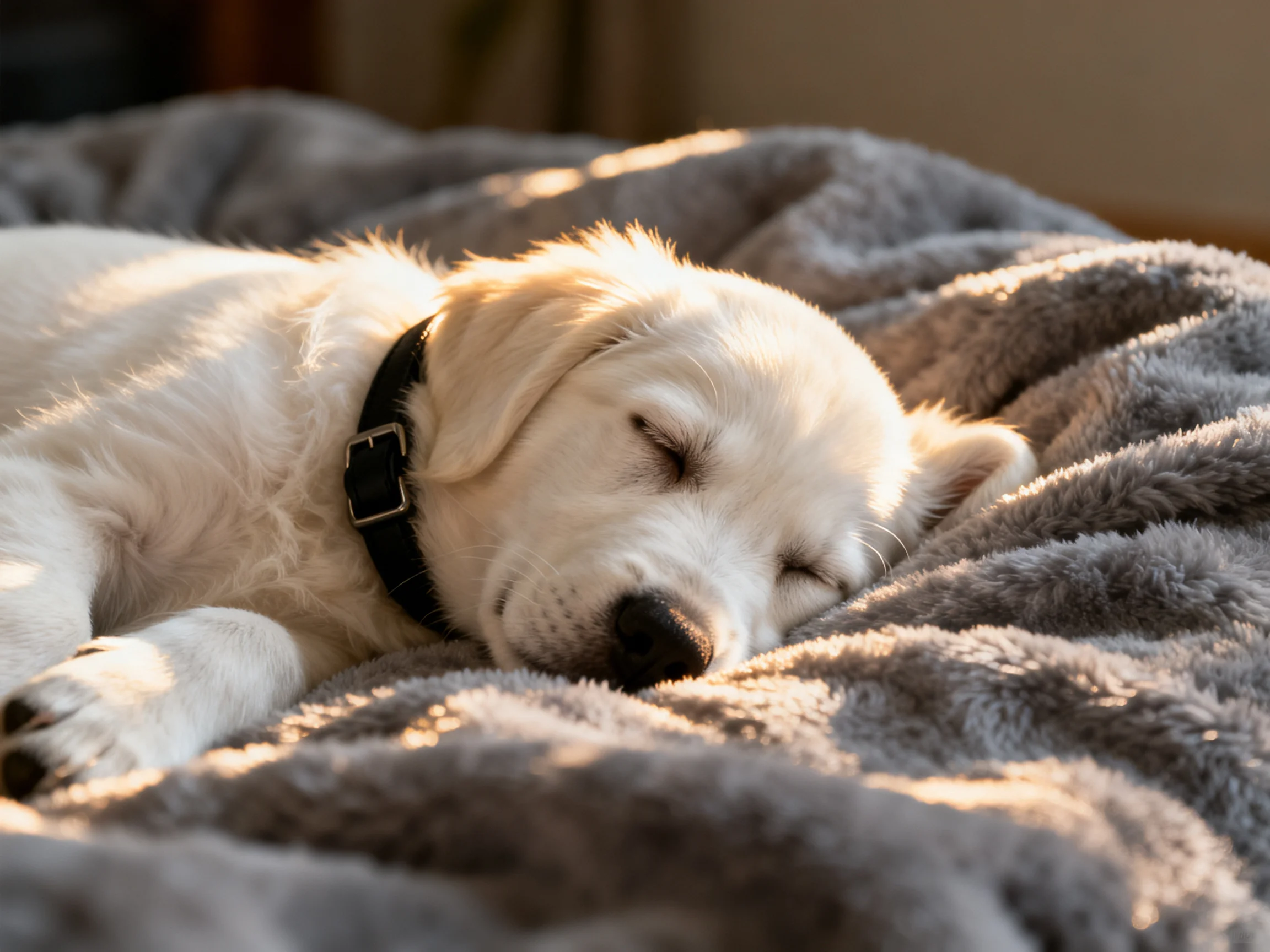A white puppy sleeps on a soft gray blanket in a sunlit space.