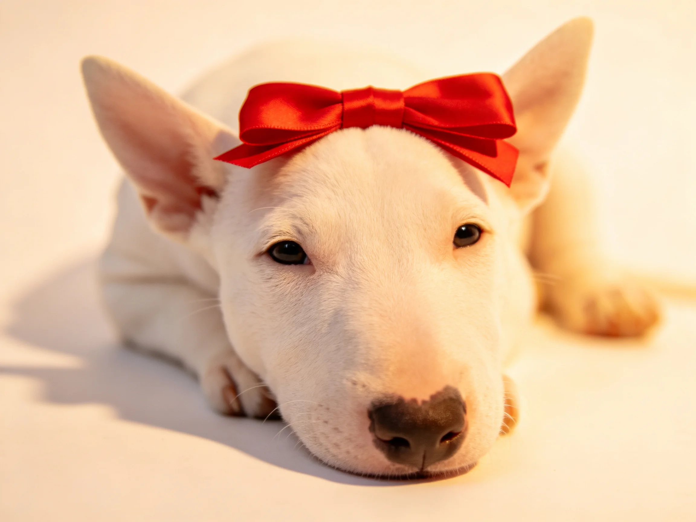 A white puppy with a red bow rests calmly on a plain surface.