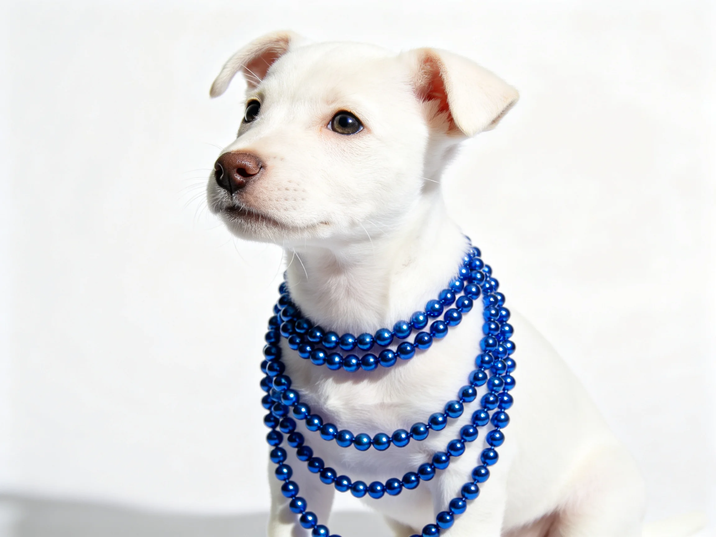 A white puppy wears multiple strands of blue beads on a plain white background.