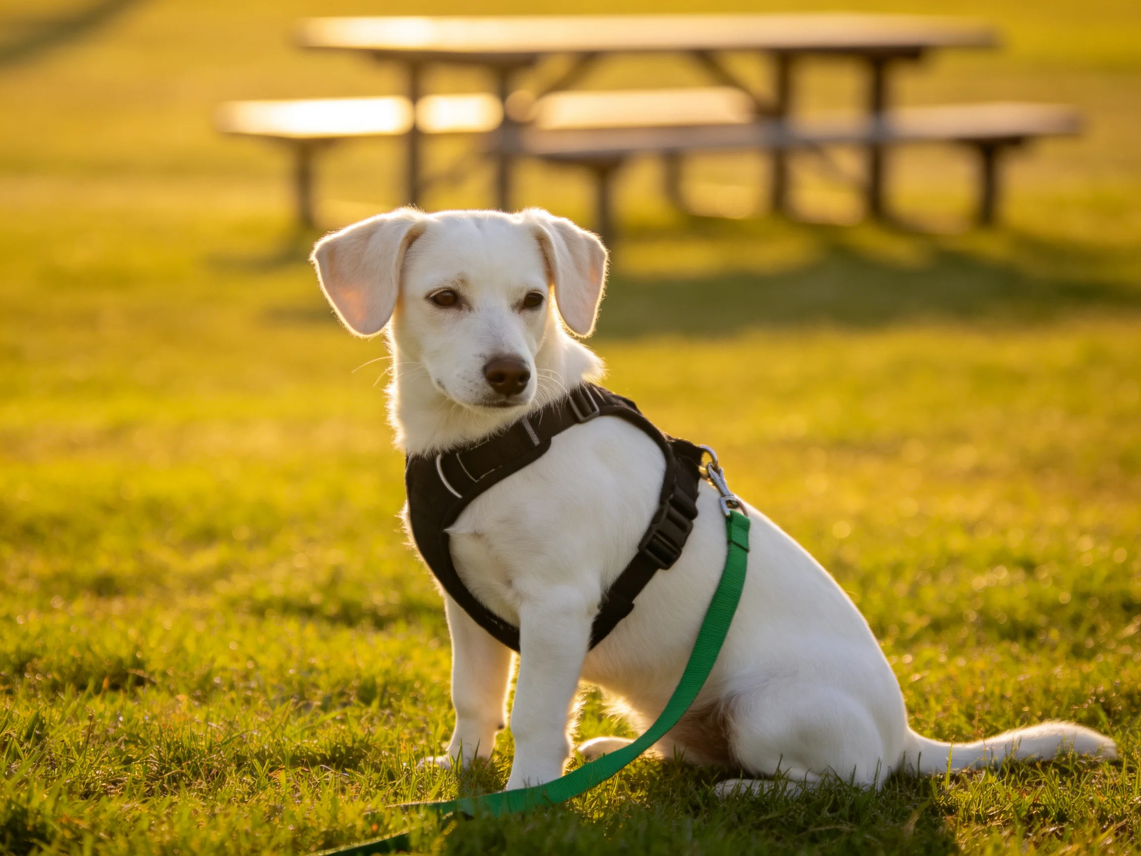 A white puppy with a black harness sits on grass near picnic tables