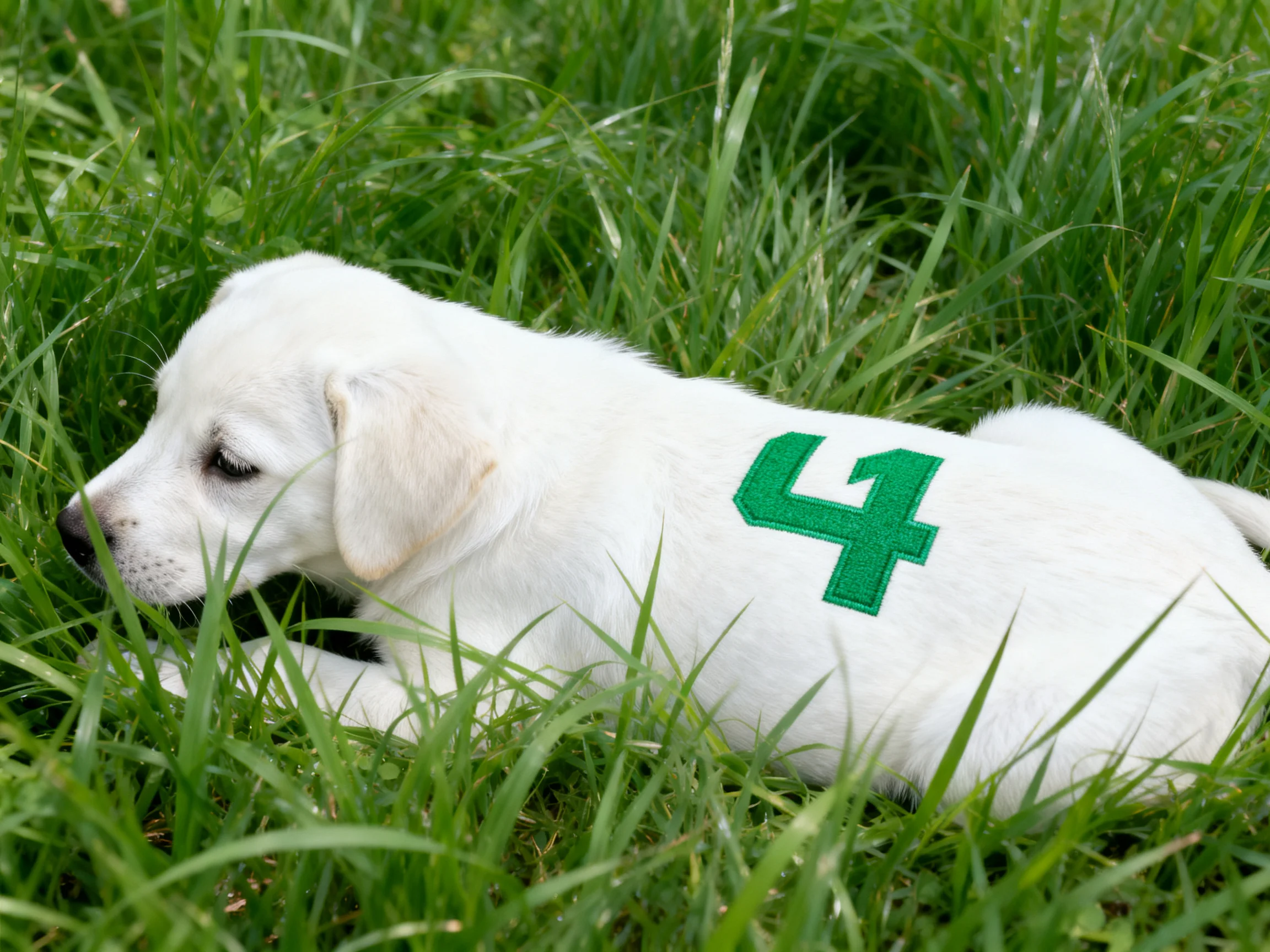 A white puppy marked with a green number four lies in grass.