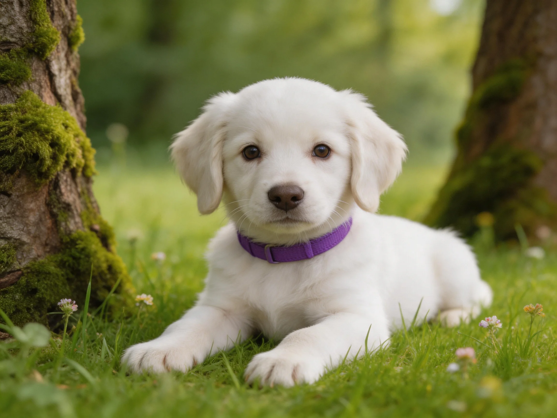 A white puppy with a purple collar lies on grass beside mossy trees.