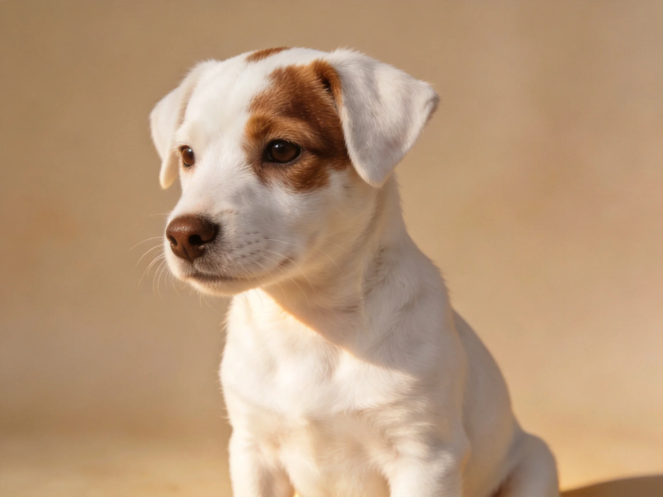 A white puppy with brown facial patches sitting on a neutral surface