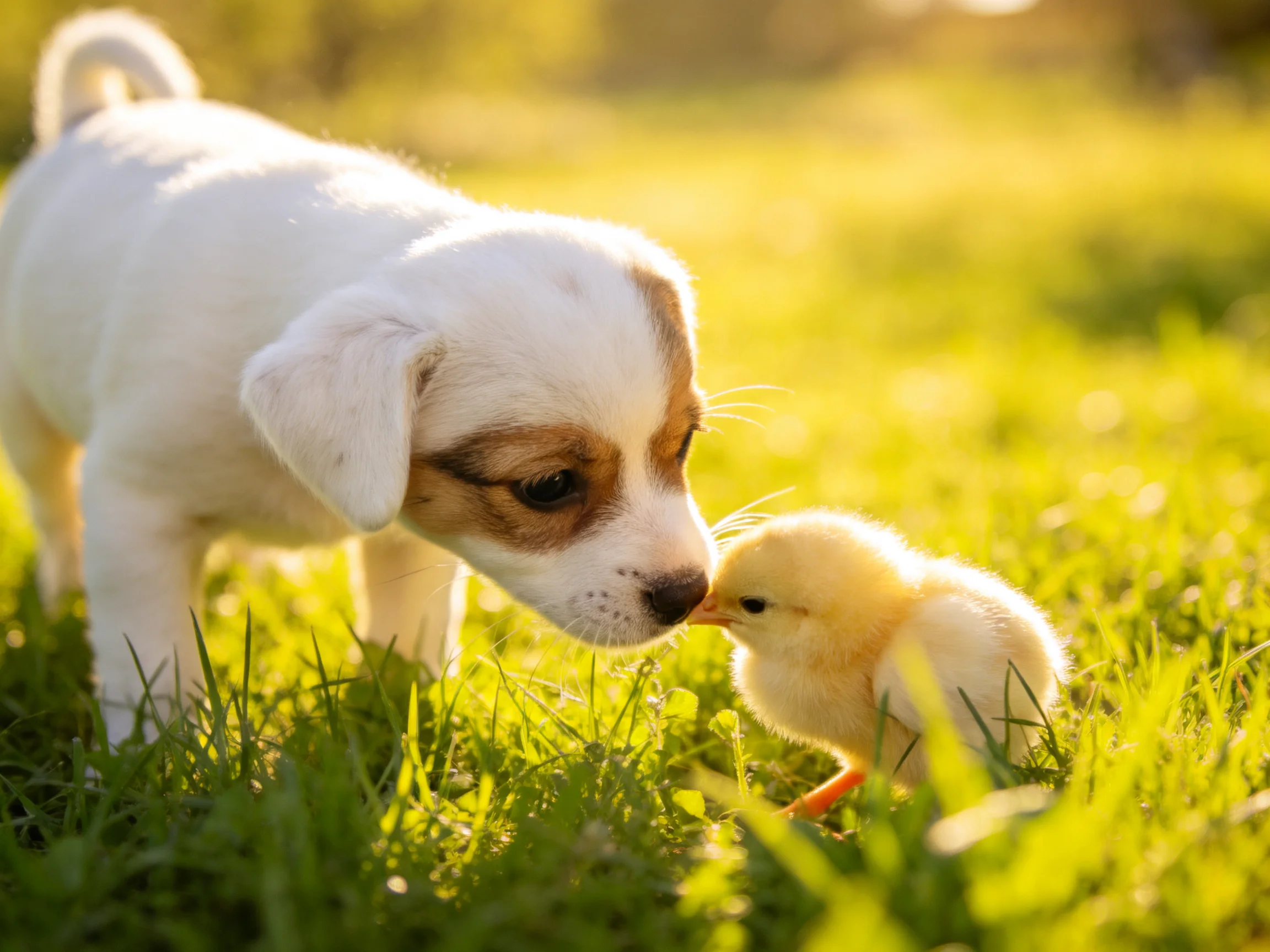 A white puppy and yellow chick share a tender moment in a sunlit grassy area.