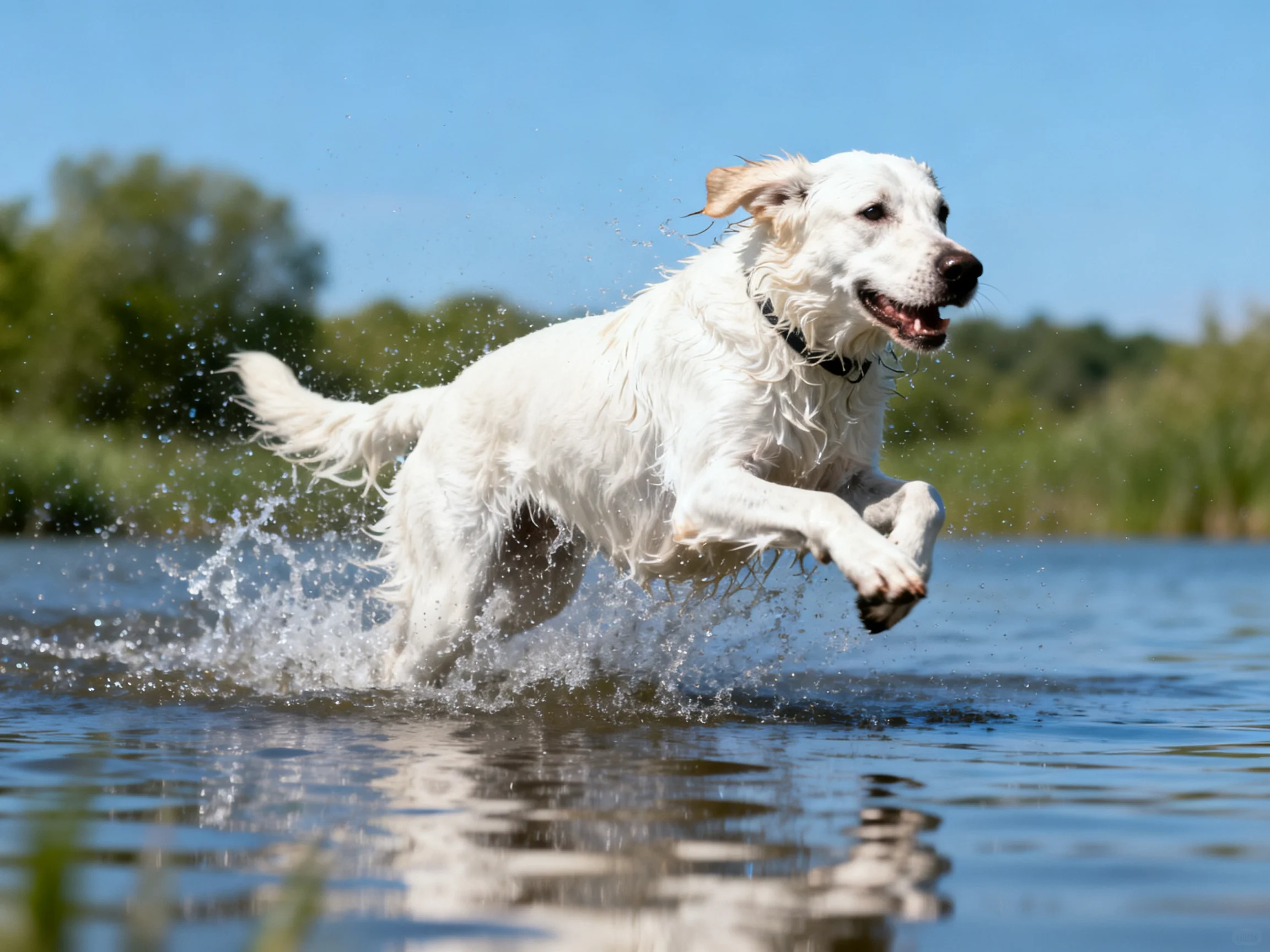A white retriever runs through water, creating splashes, with greenery in the background.