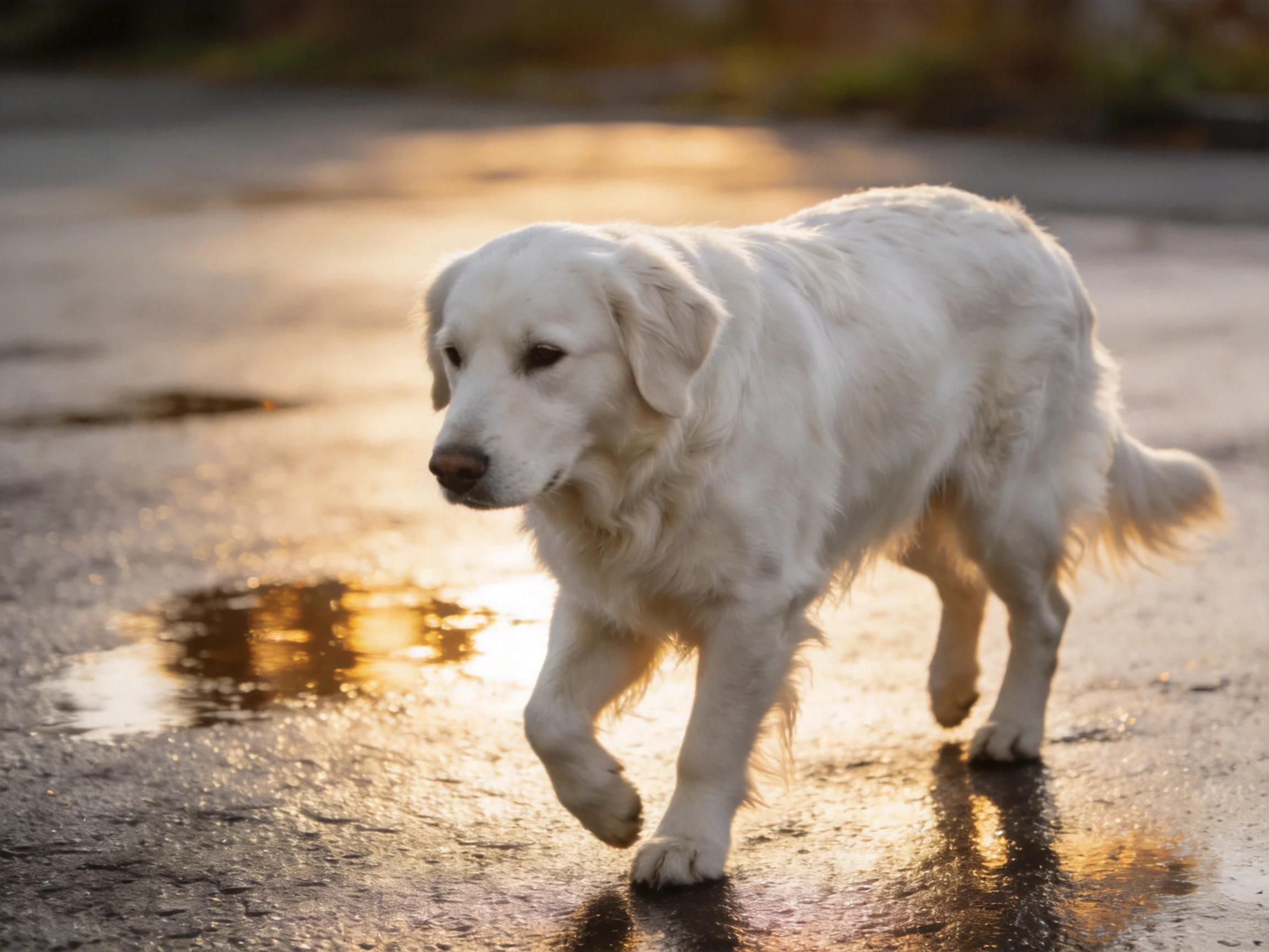 A white retriever traverses wet pavement bathed in golden sunlight.