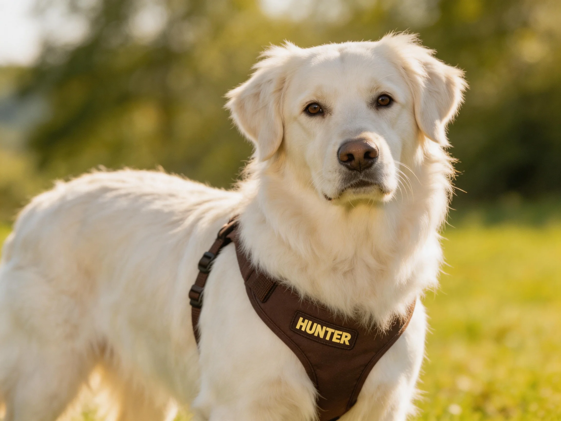 A white retriever in a brown harness stands alert in a sunlit outdoor area