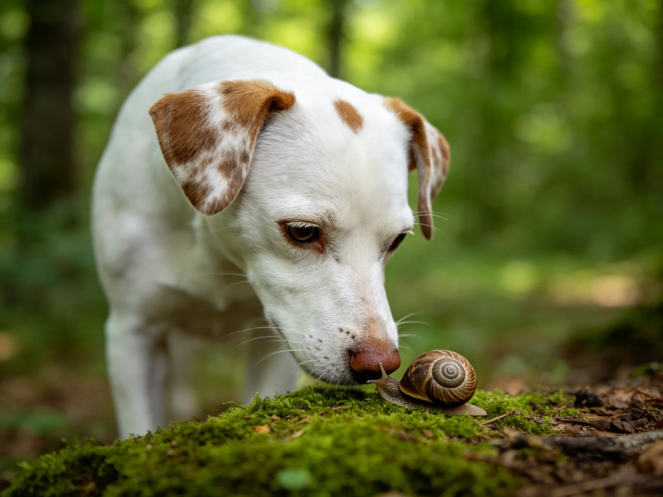 A white-spotted dog investigates a snail on mossy forest ground