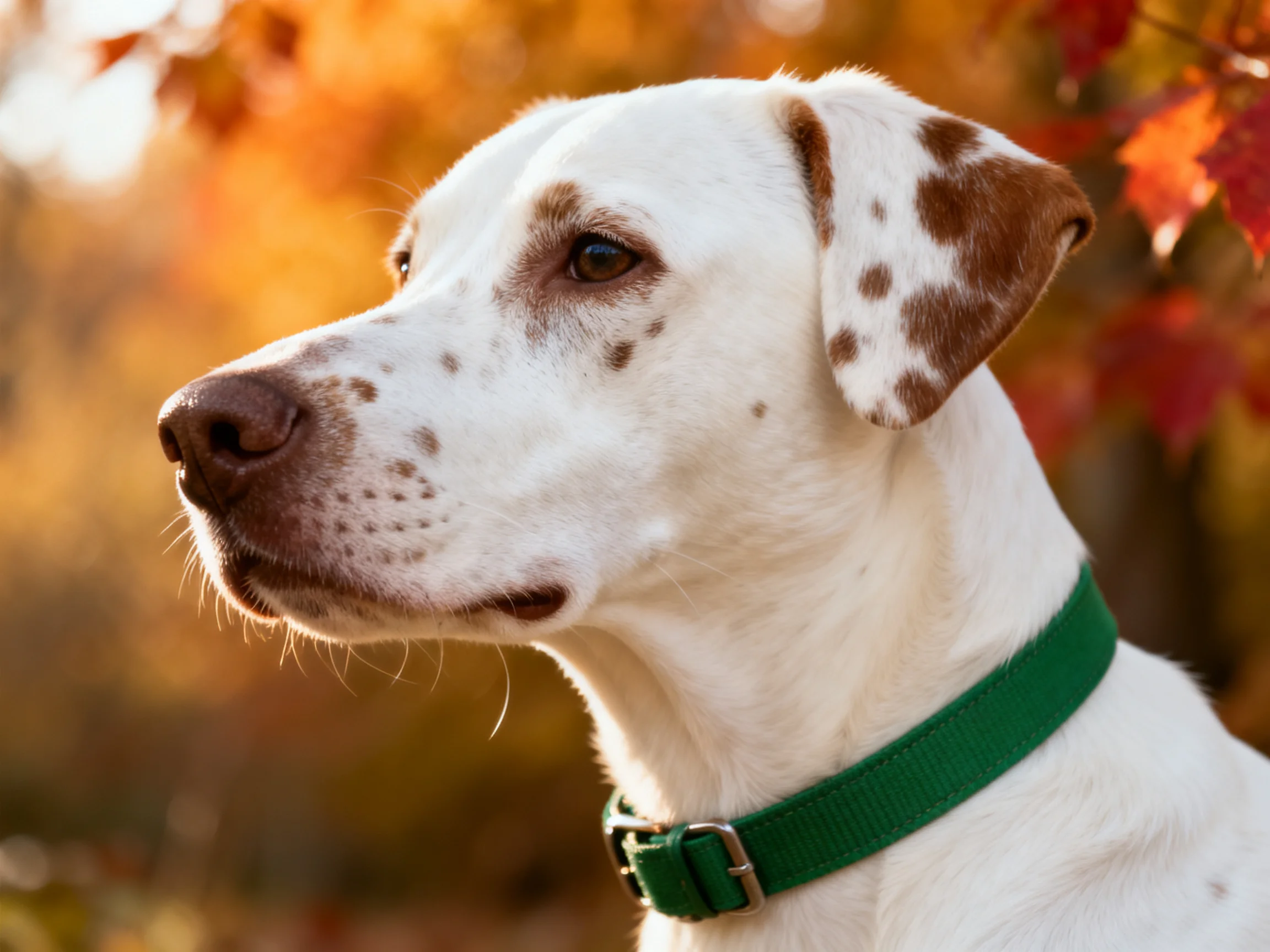 A white-spotted dog with a green collar stands among autumn leaves.