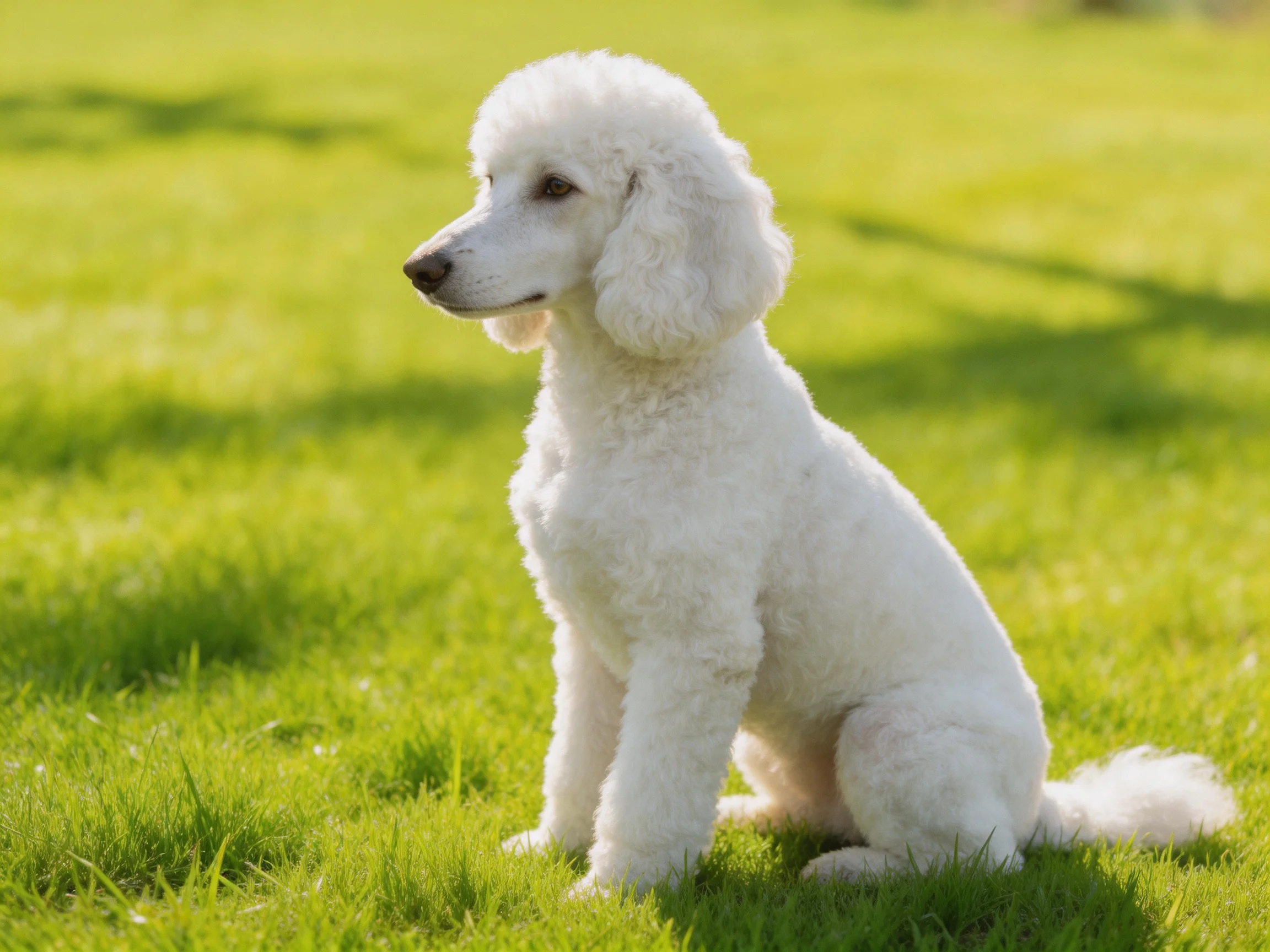 A white standard poodle sits gracefully on lush green grass
