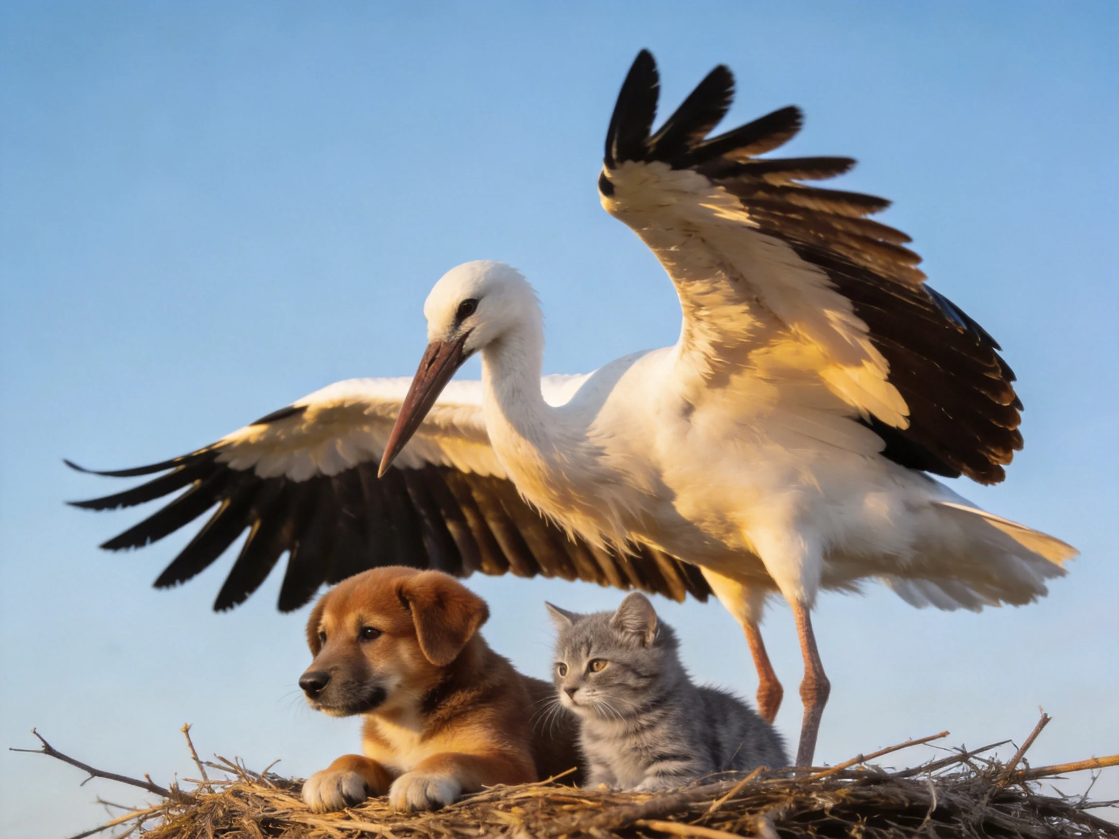 Animals including a stork, puppy, and kitten rest together in a straw nest.