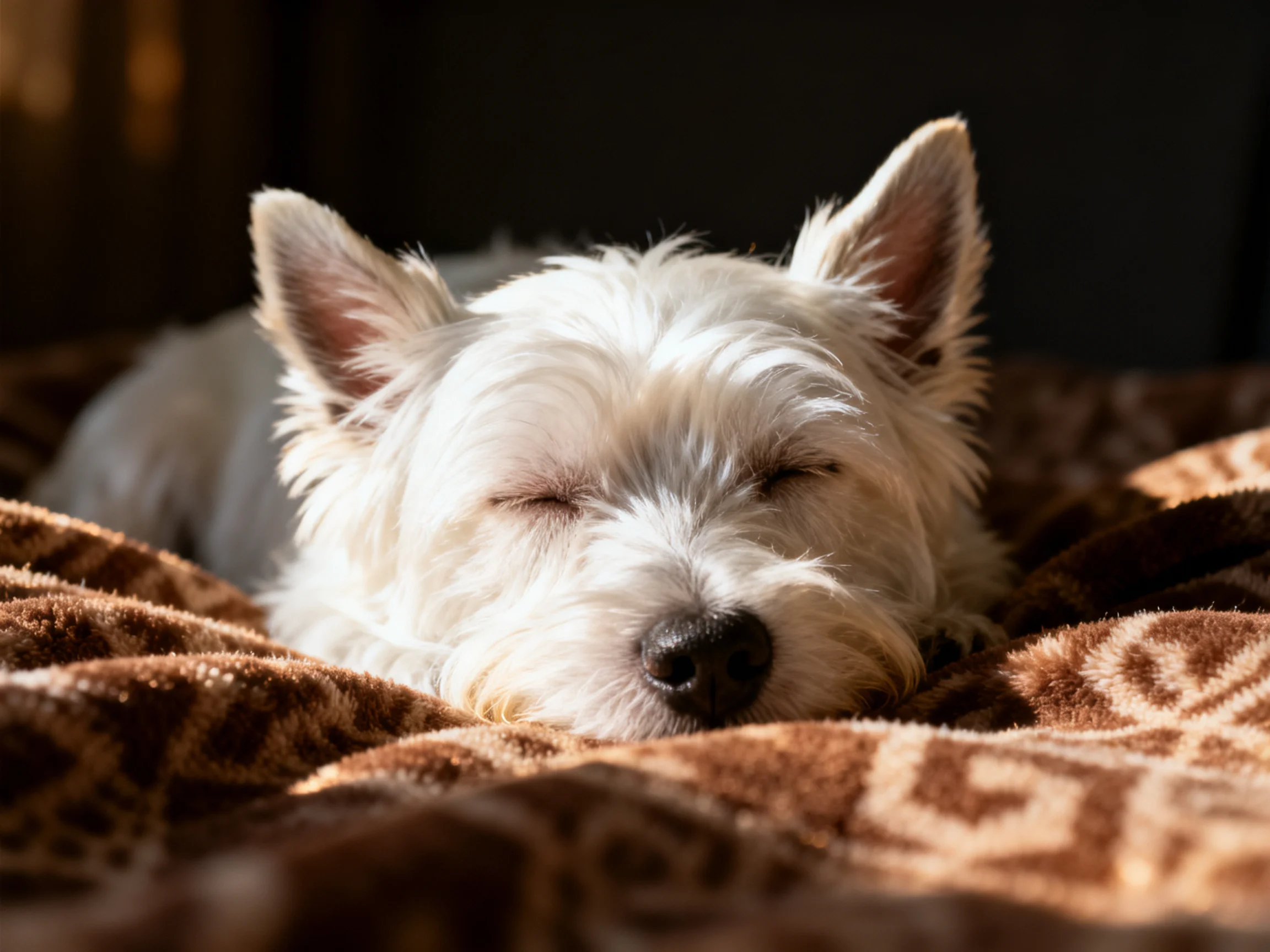 A white terrier sleeps contentedly on a patterned brown blanket