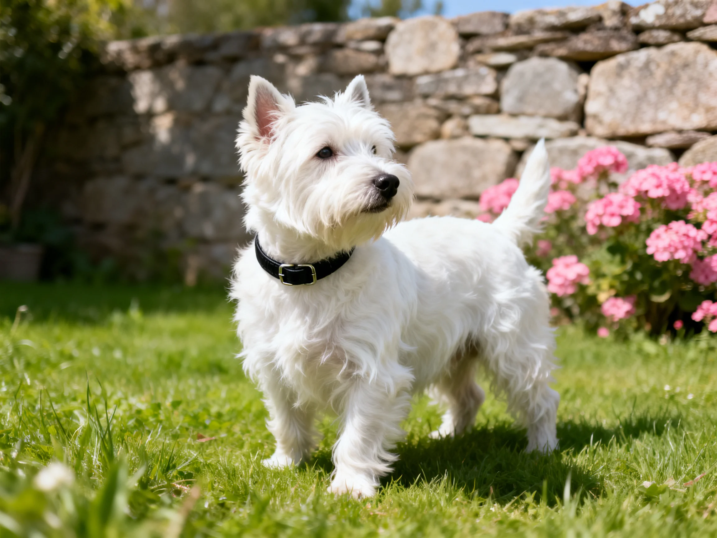 A white terrier stands on vibrant grass by pink blooms and a stone wall
