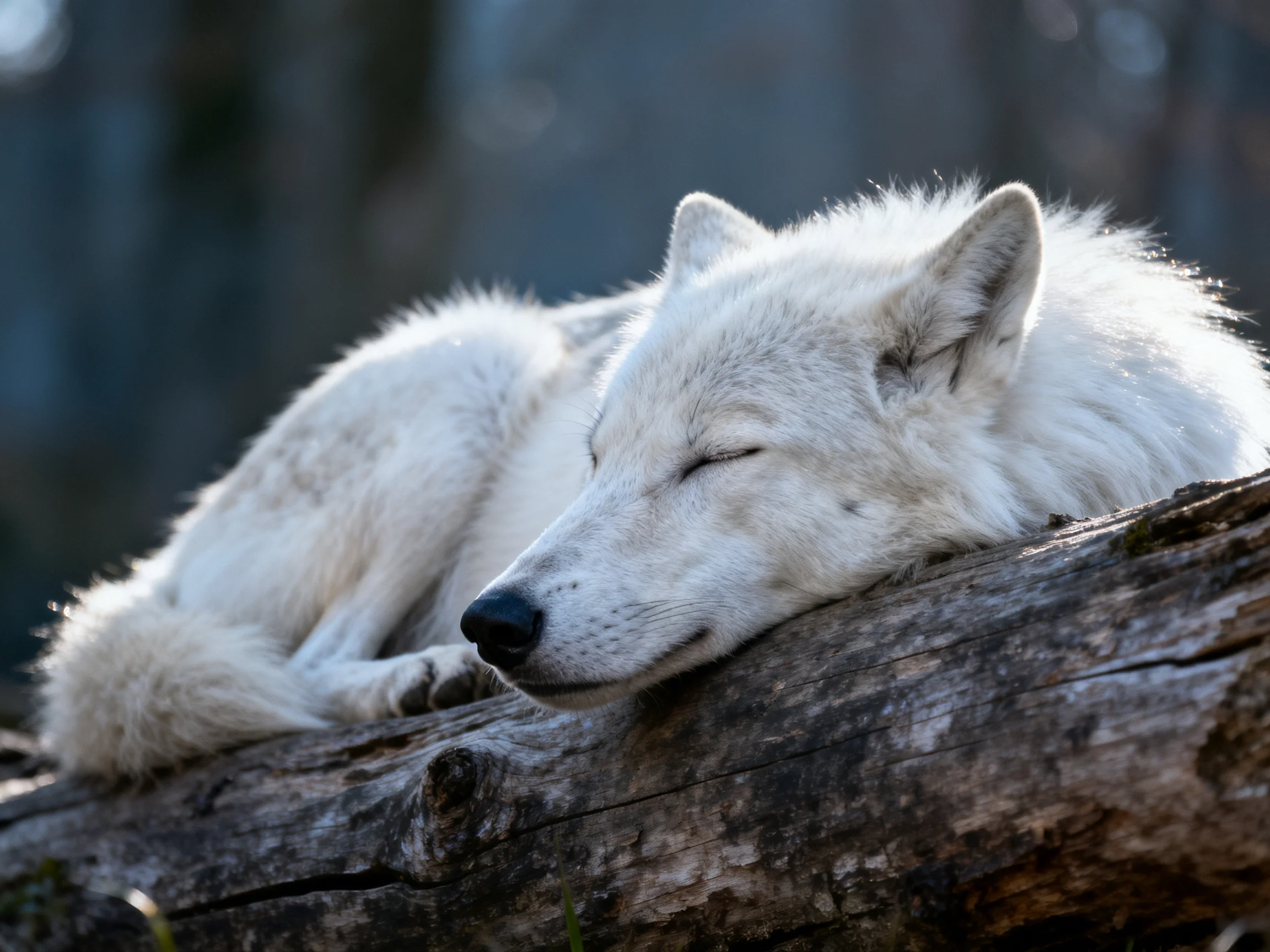 A white wolf naps on a large, weathered wooden log