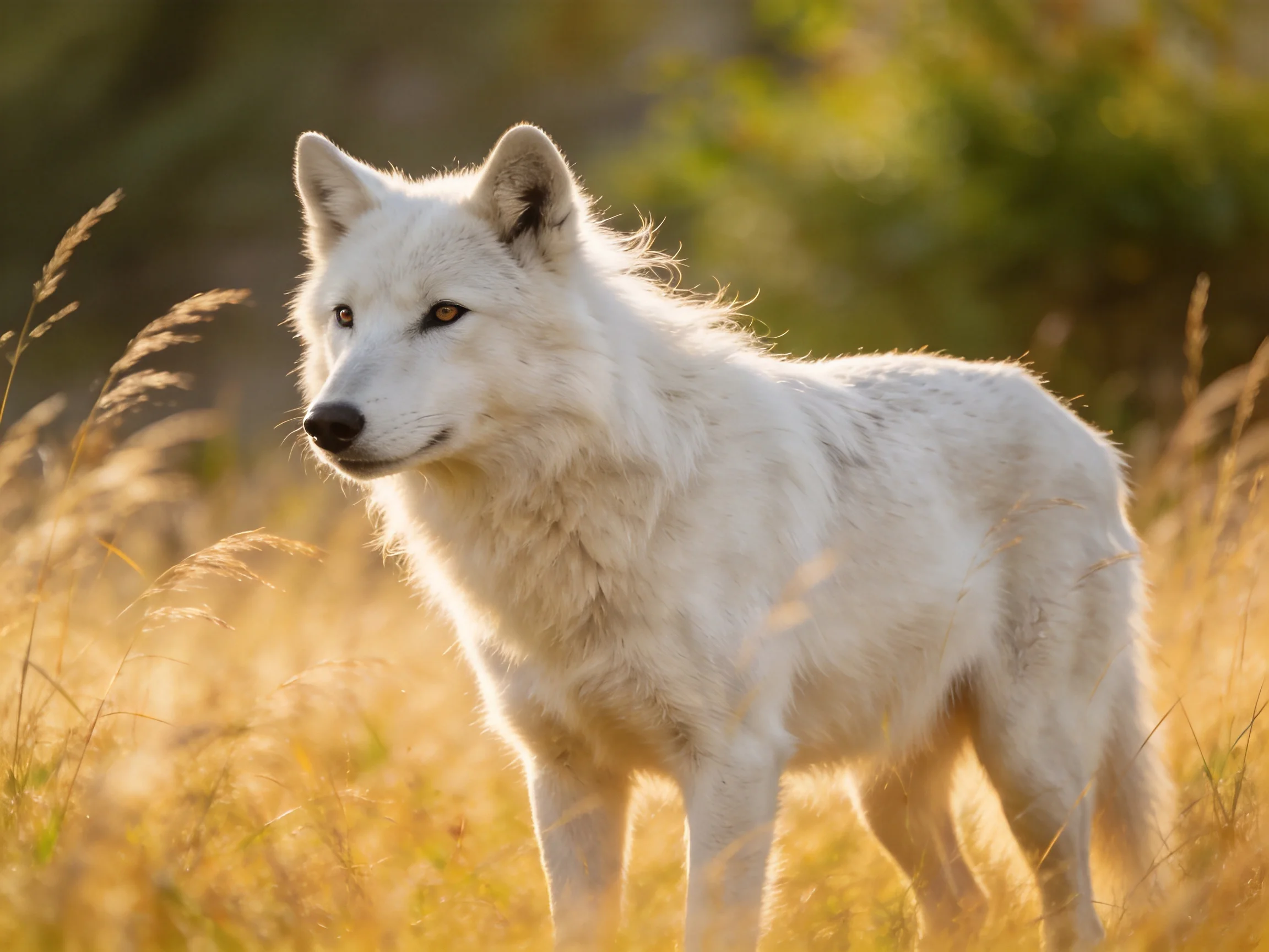 A white wolf stands alert among tall golden grasses in a sunlit landscape.