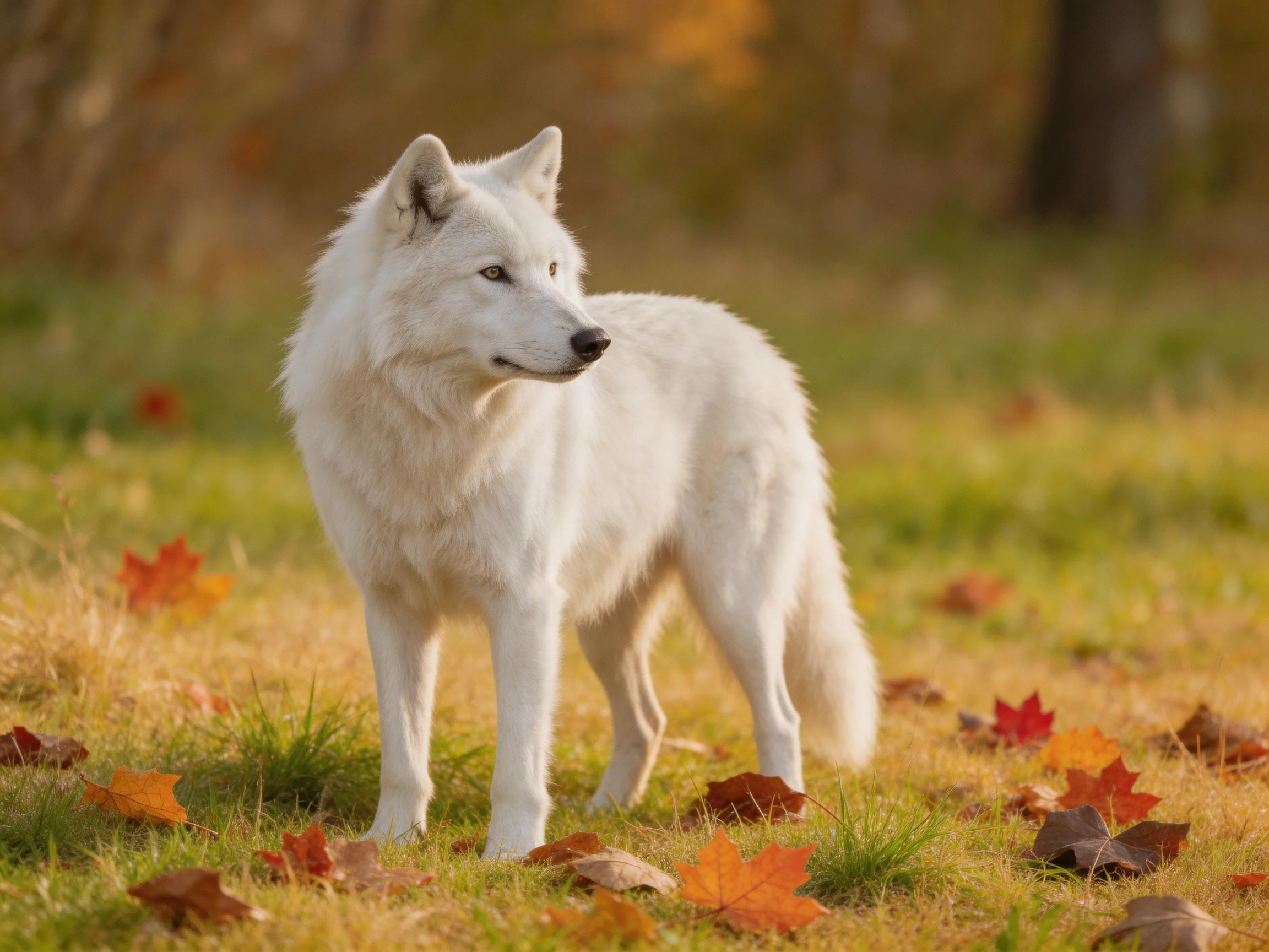 A white wolf stands on a grassy field surrounded by colorful fallen autumn leaves.