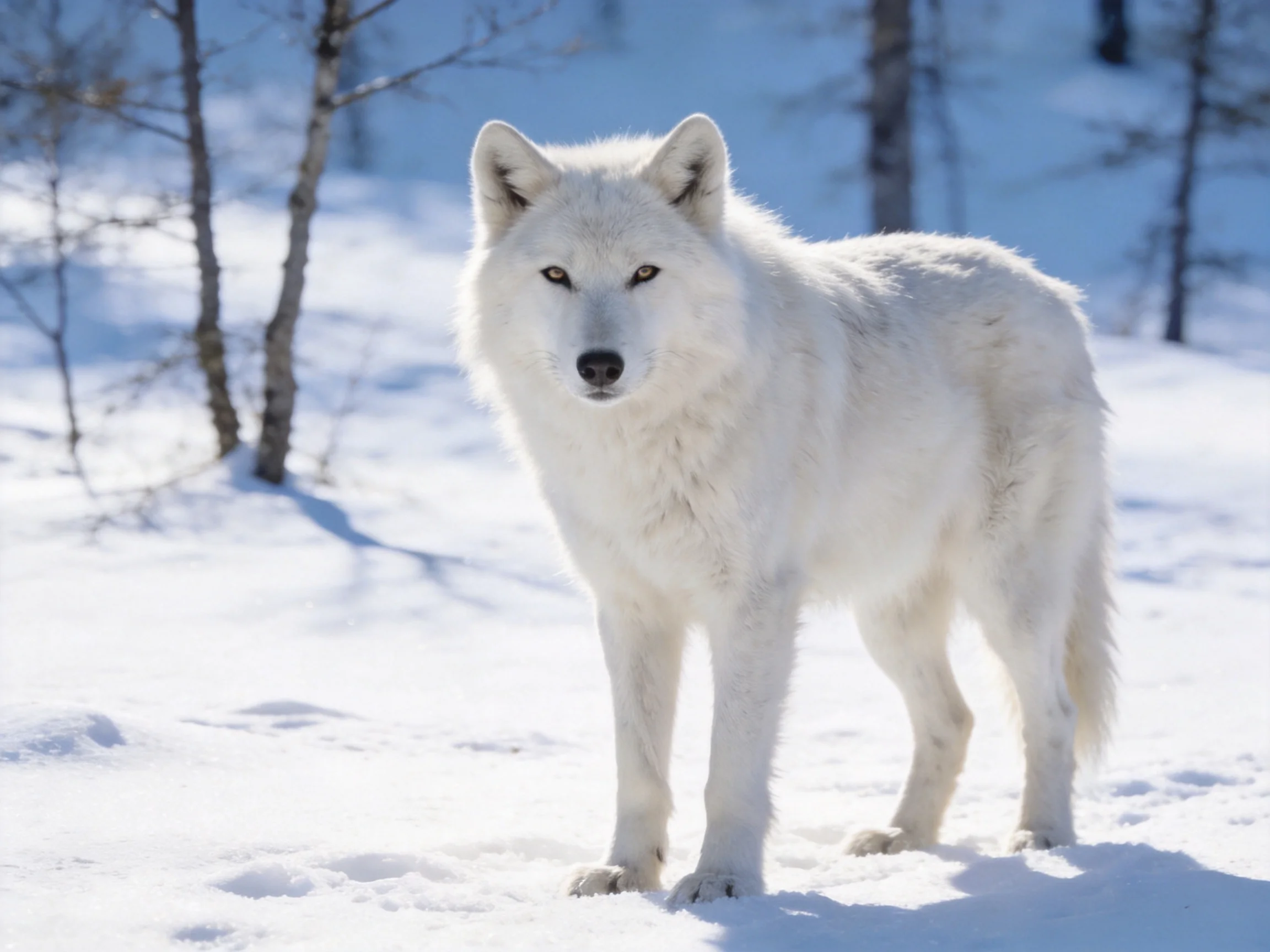 A white wolf stands in a bright snowy forest landscape