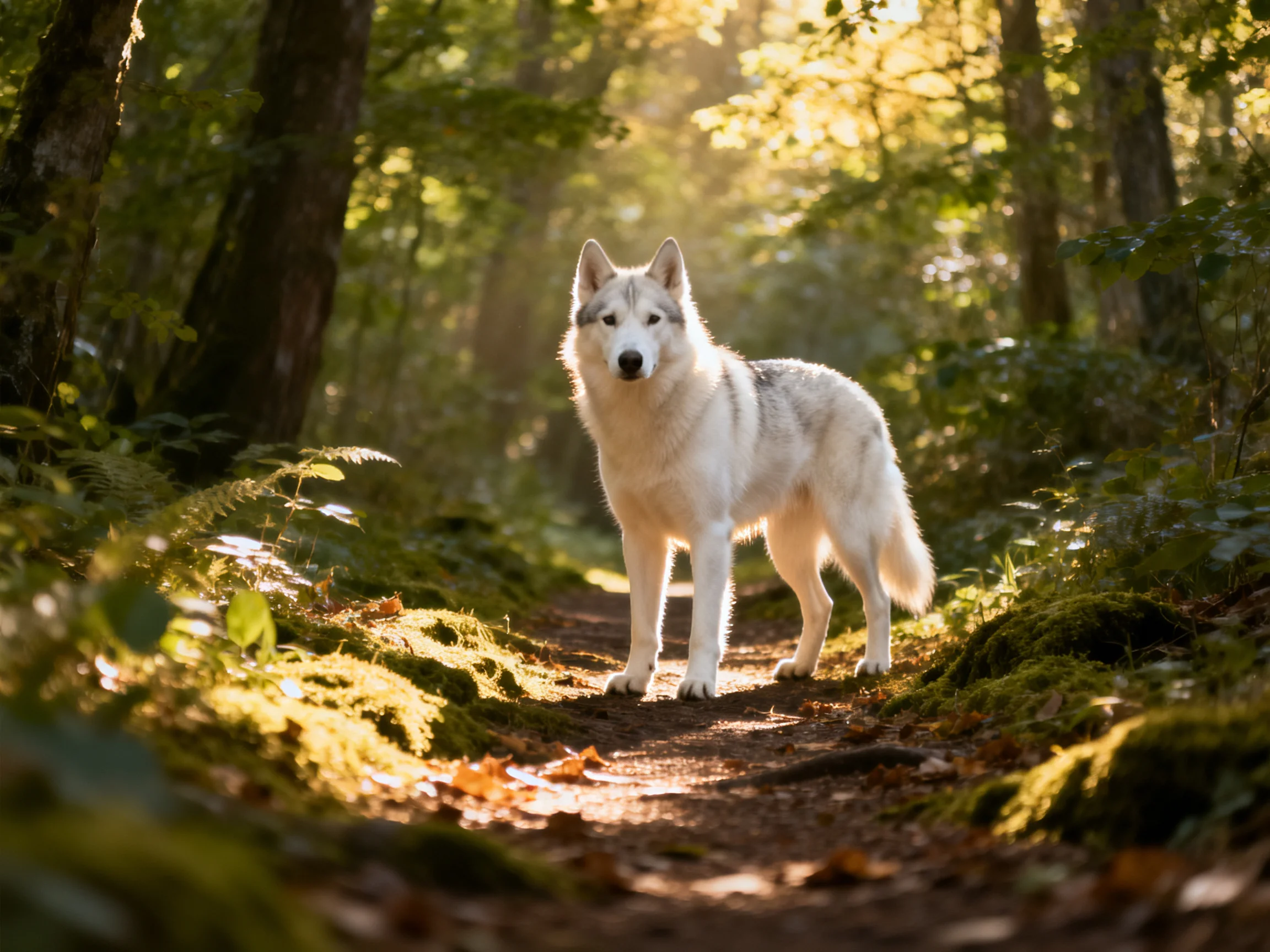 A white wolf stands on a mossy forest path bathed in golden light