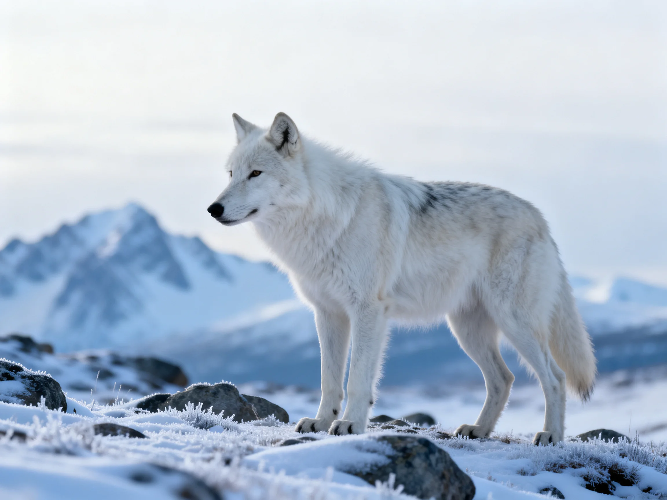 A white wolf stands on frosty rocks near snow - capped mountains