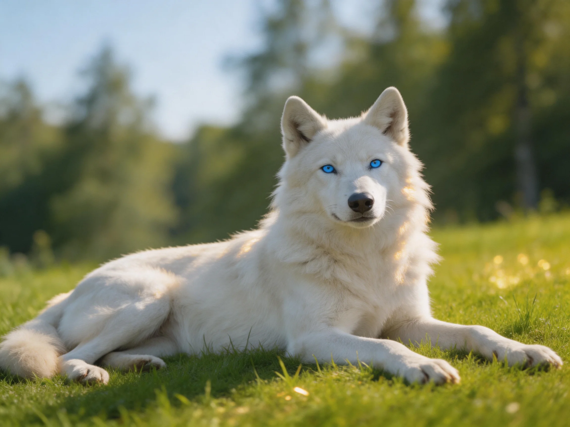 A white wolf with vivid blue eyes rests on green grass