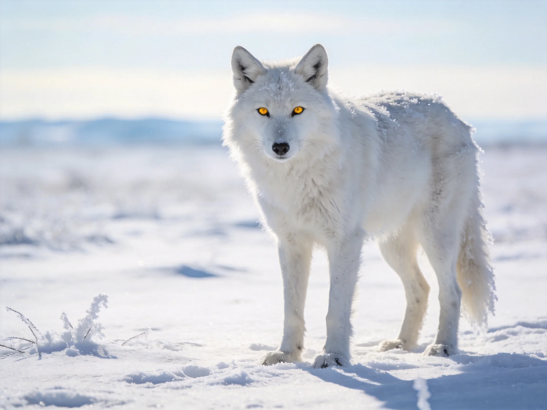 A white wolf with yellow eyes in a snowy landscape