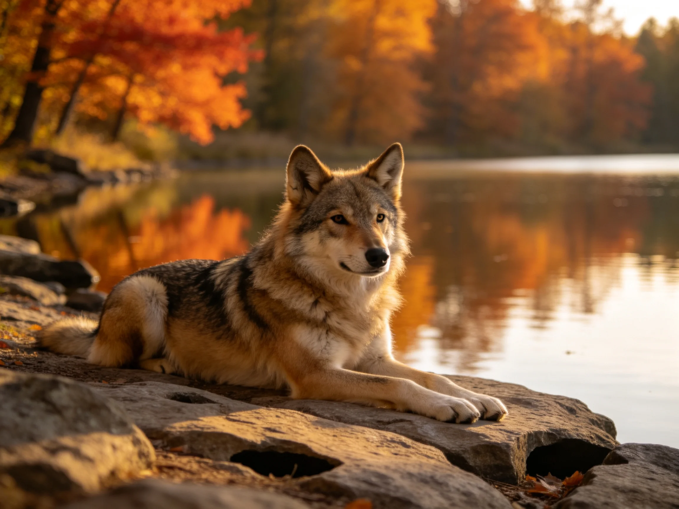 A wolf rests on rocky shore amid vibrant fall foliage